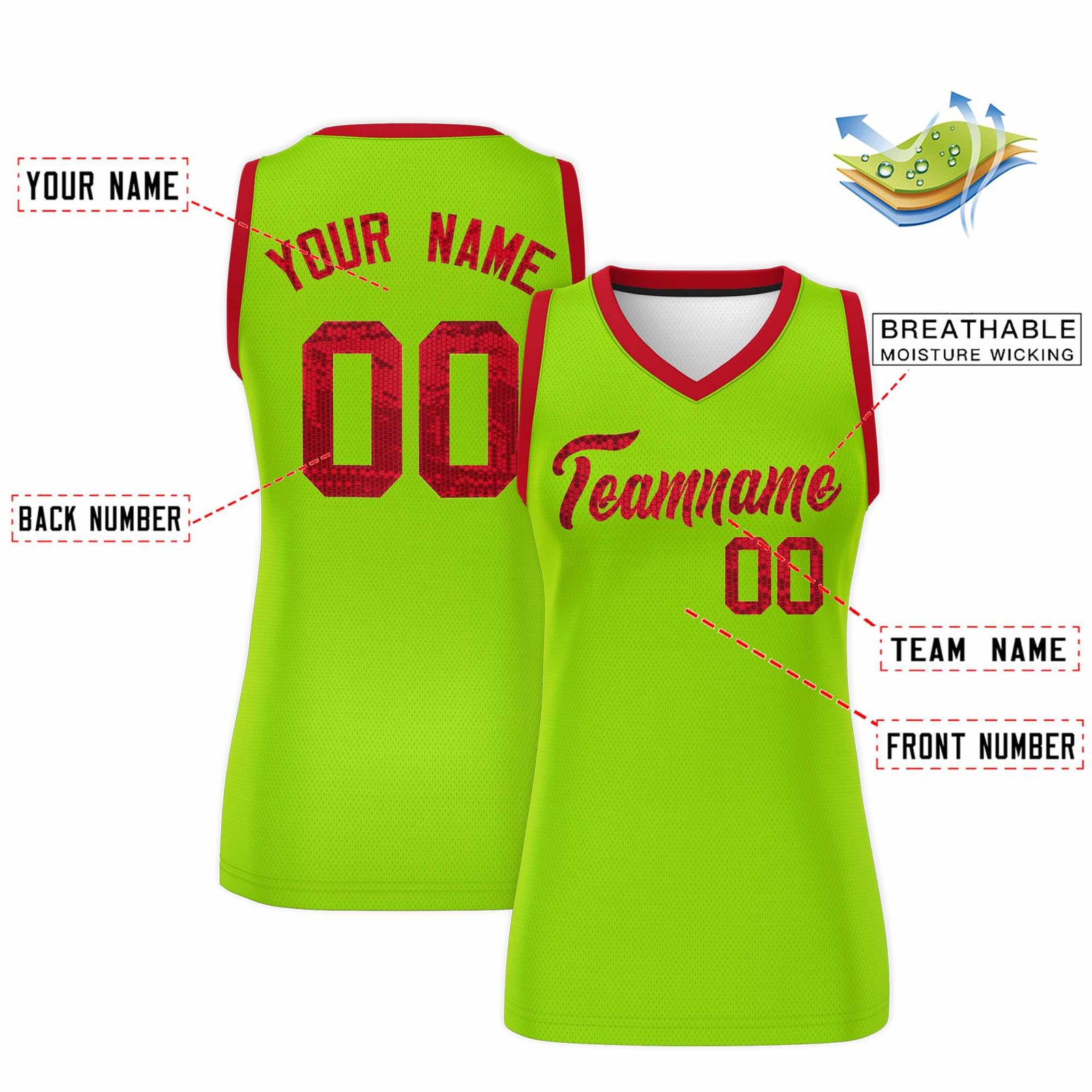 Custom Neon Green Red Women Netball Sequined Dress