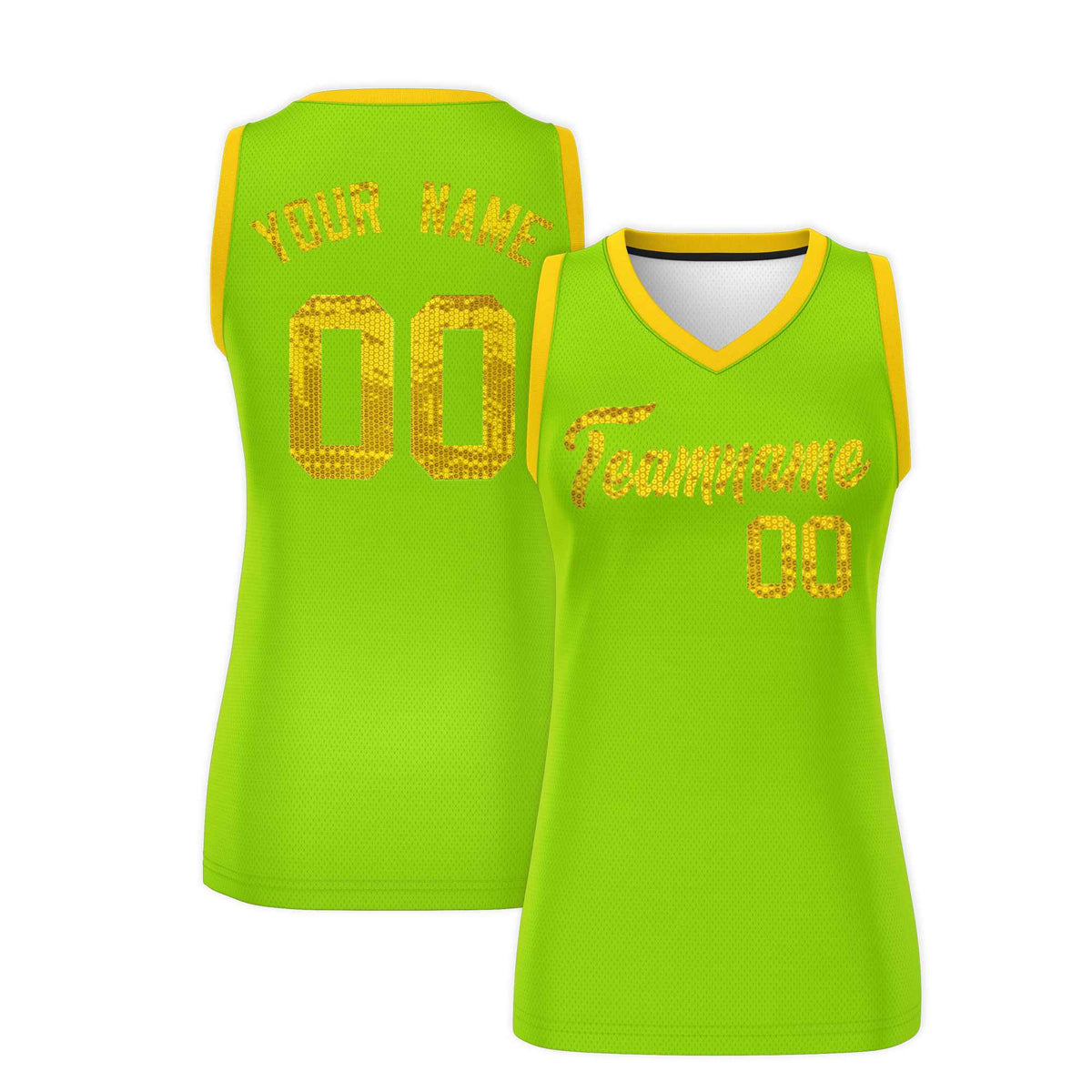 Custom Neon Green Gold Women Netball Sequined Dress