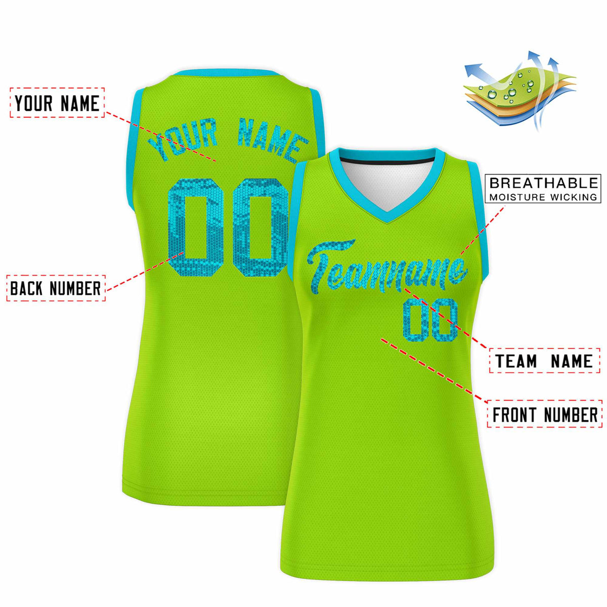 Custom Neon Green Sky Blue Women Netball Sequined Dress