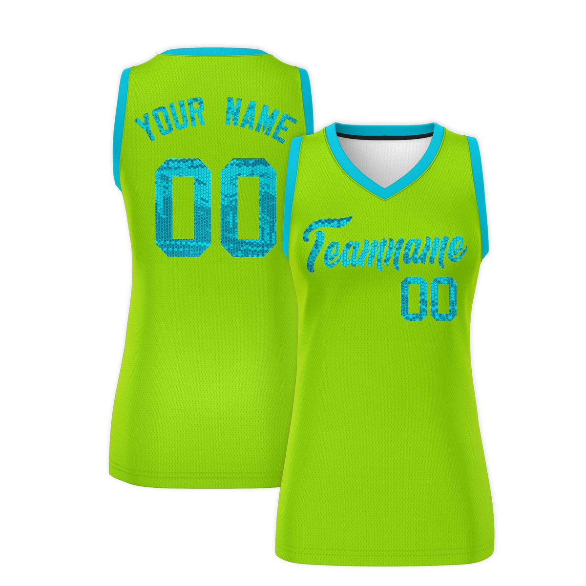 Custom Neon Green Sky Blue Women Netball Sequined Dress
