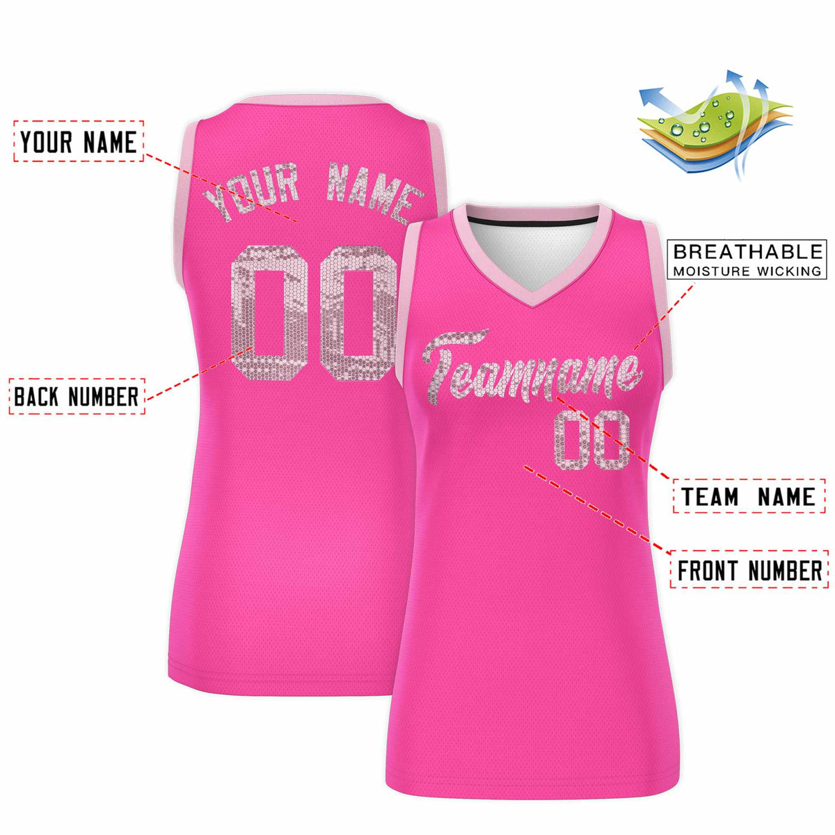 Custom Pink Light Pink Women Netball Sequined Dress