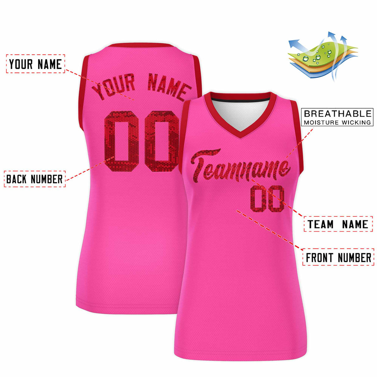 Custom Pink Red Women Netball Sequined Dress