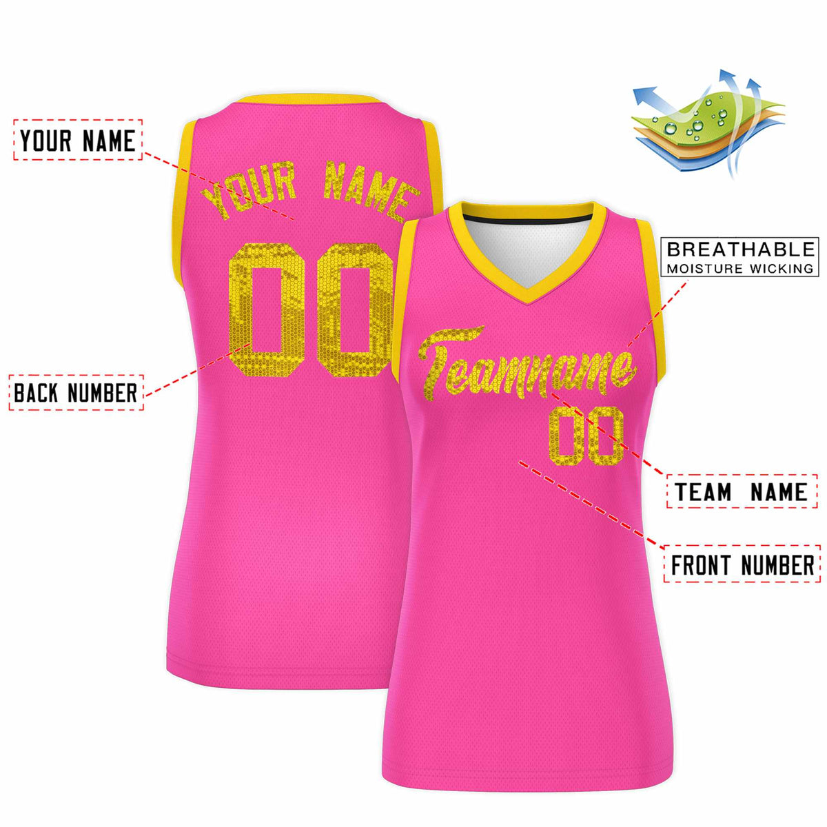 Custom Pink Gold Women Netball Sequined Dress