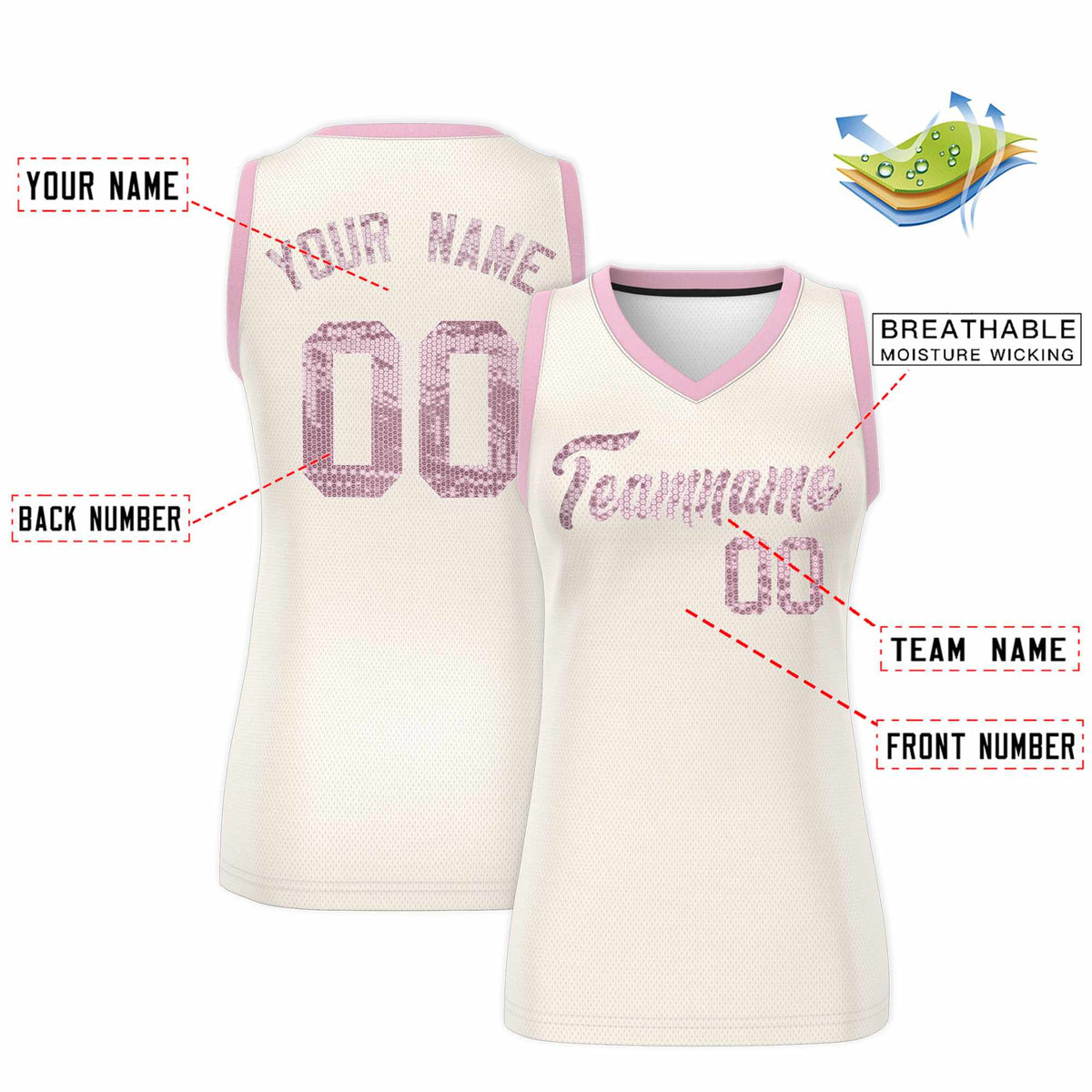 Custom Cream Light Pink Women Netball Sequined Dress