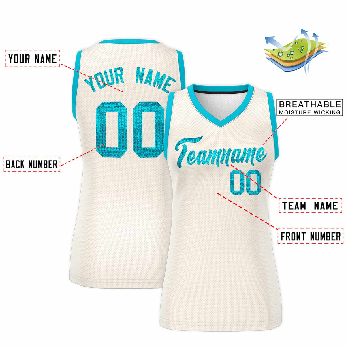 Custom Cream Sky Blue Women Netball Sequined Dress
