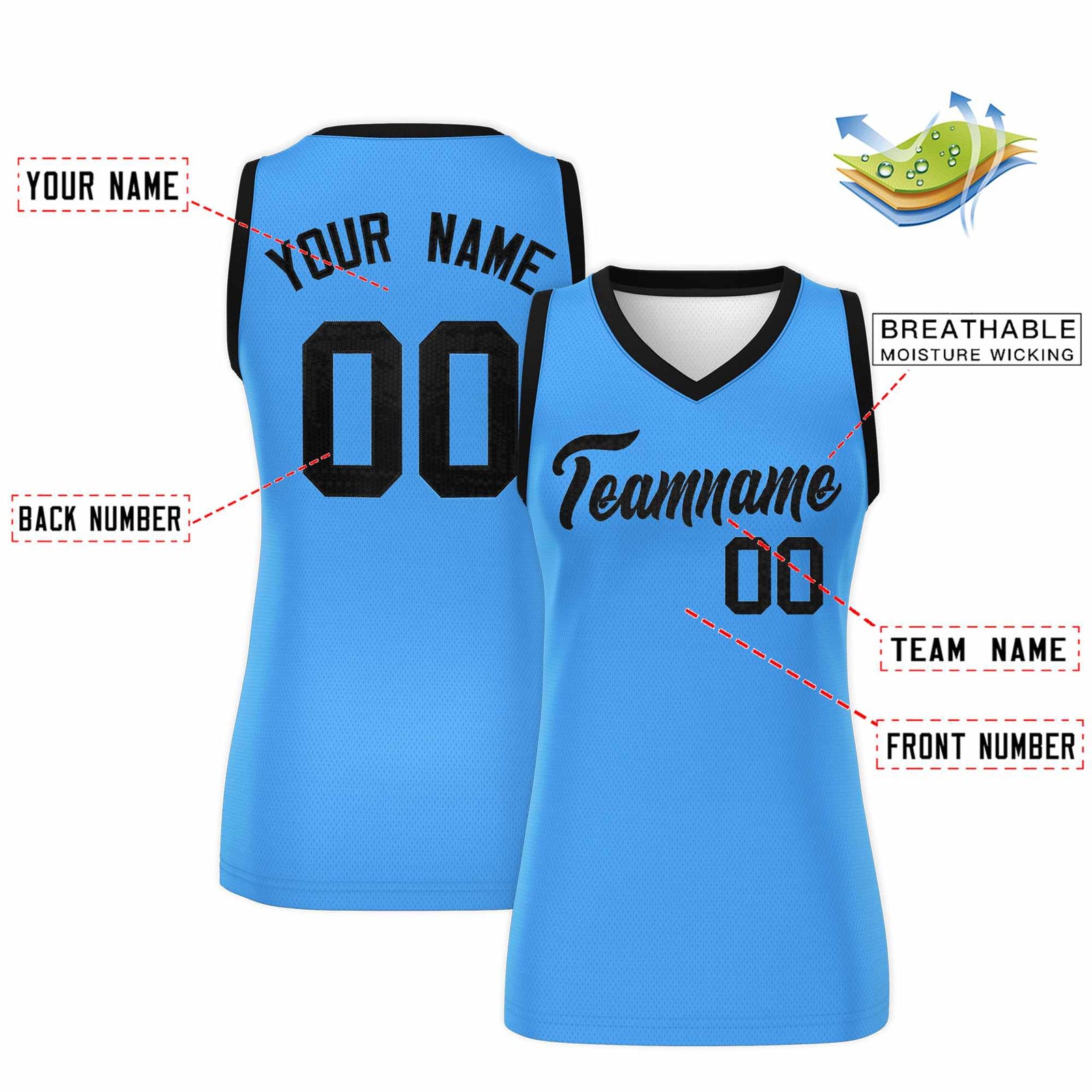 Custom Powder Blue Black Women Netball Sequined Dress