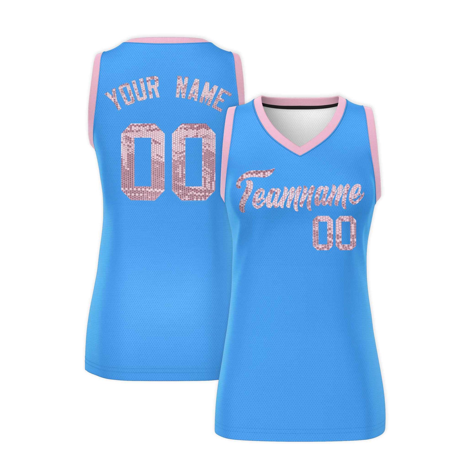 Custom Powder Blue Light Pink Women Netball Sequined Dress