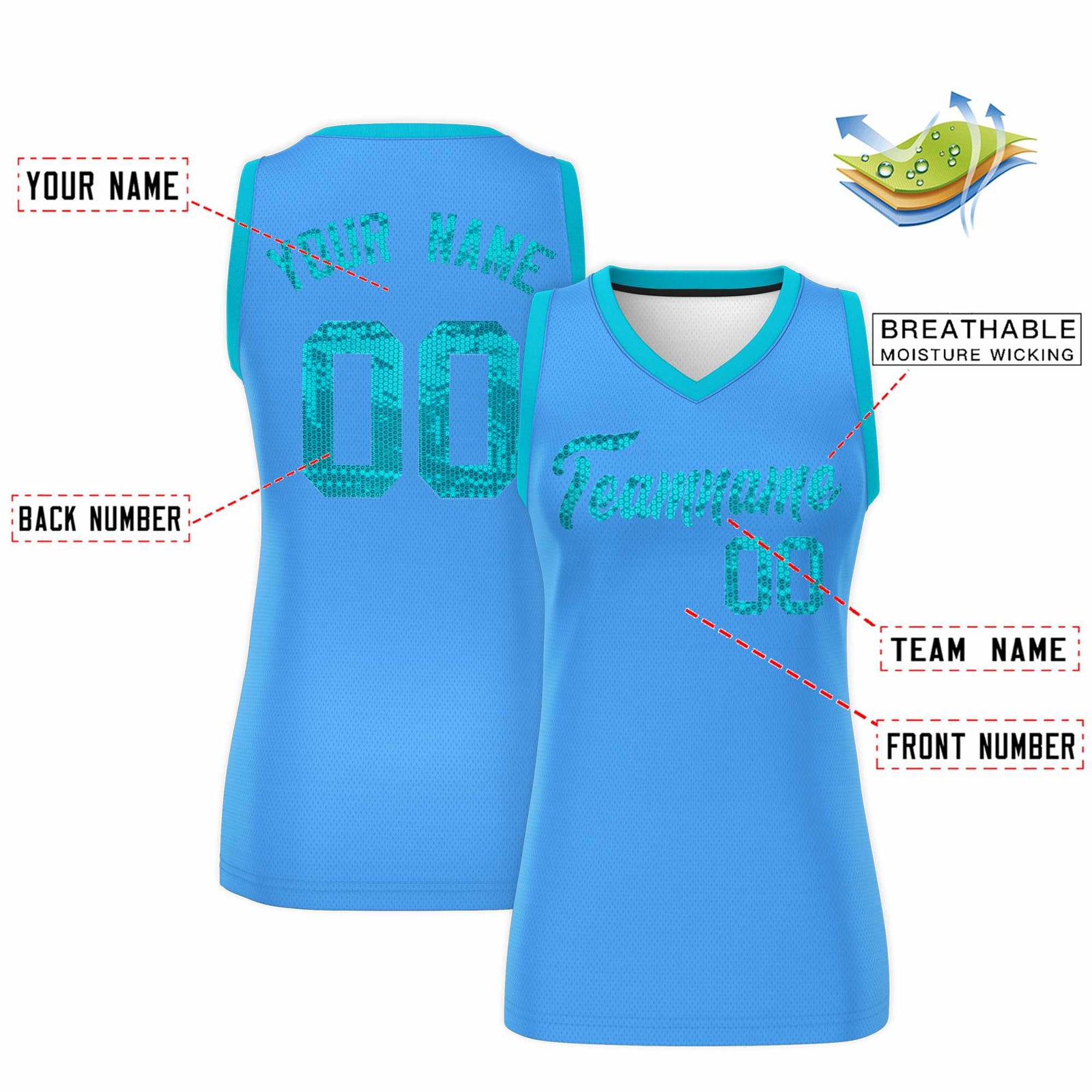 Custom Powder Blue Sky Blue Women Netball Sequined Dress