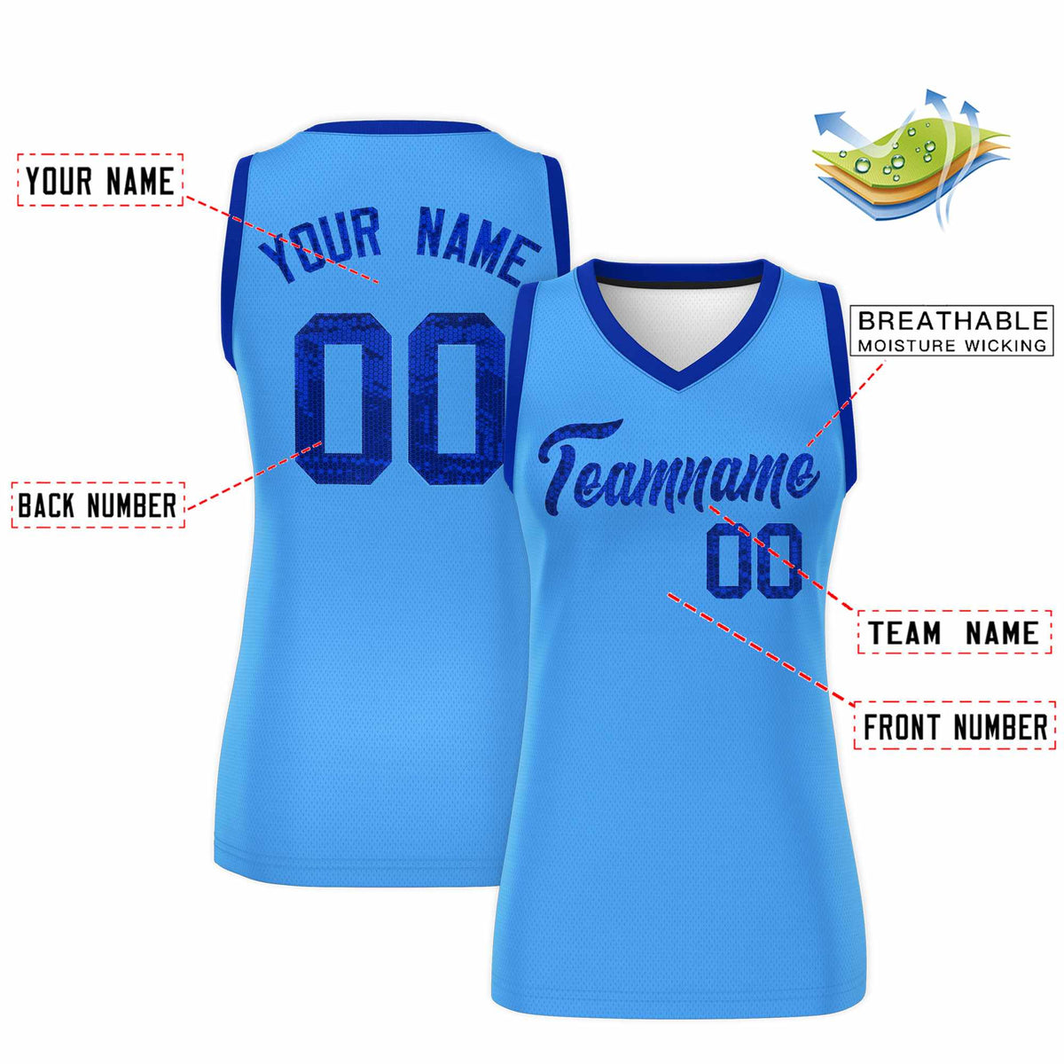 Custom Powder Blue Royal Women Netball Sequined Dress