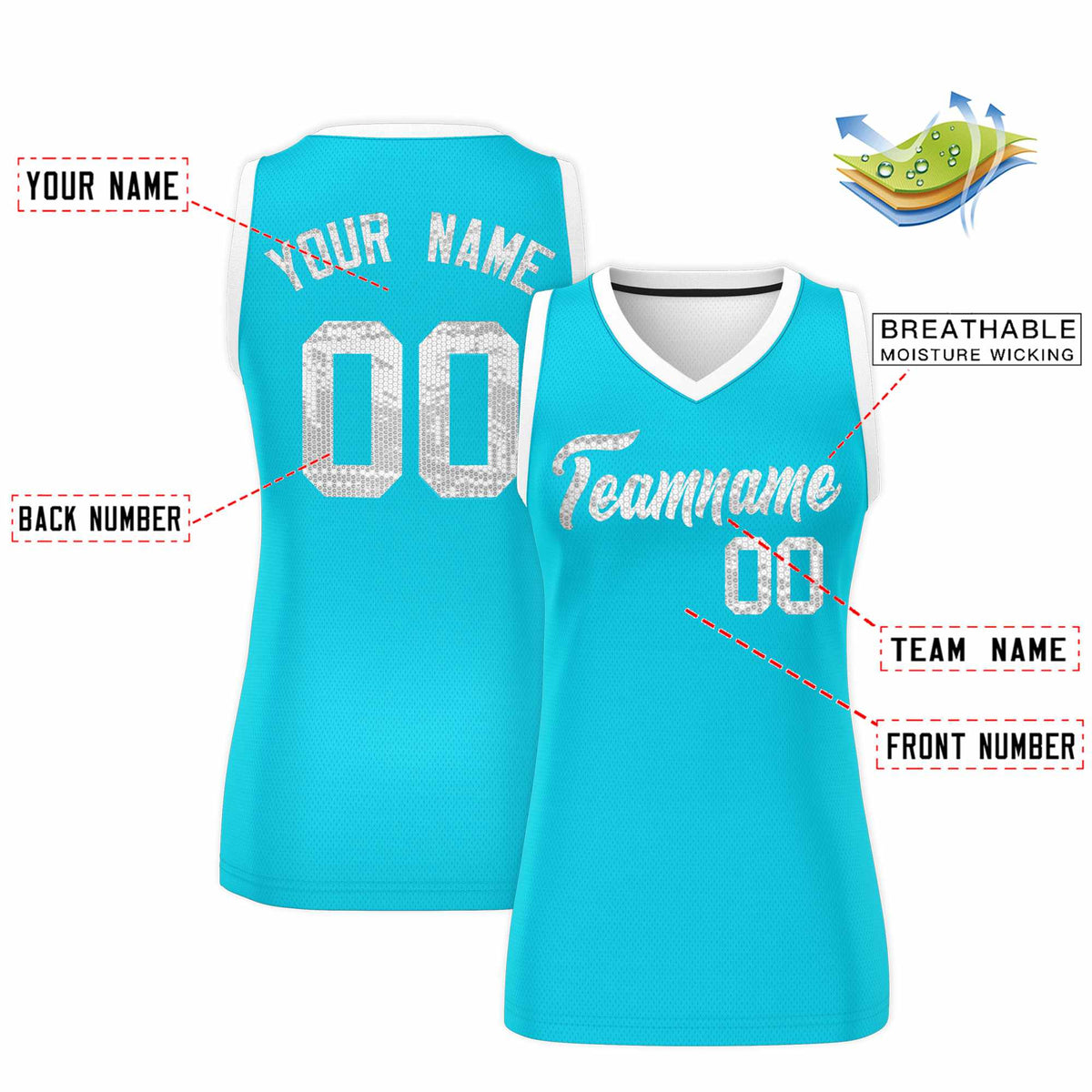 Custom Sky Blue White Women Netball Sequined Dress