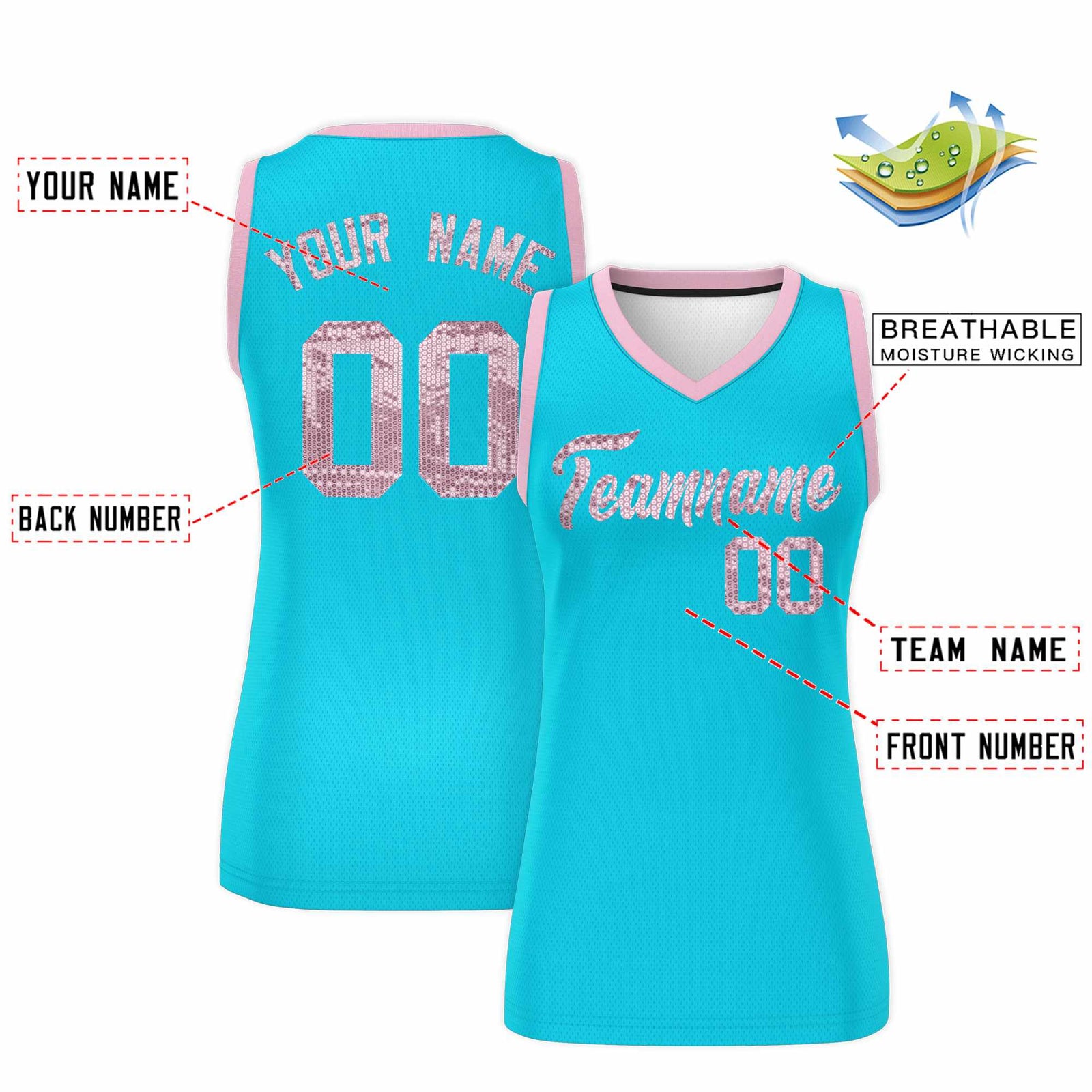 Custom Sky Blue Light Pink Women Netball Sequined Dress