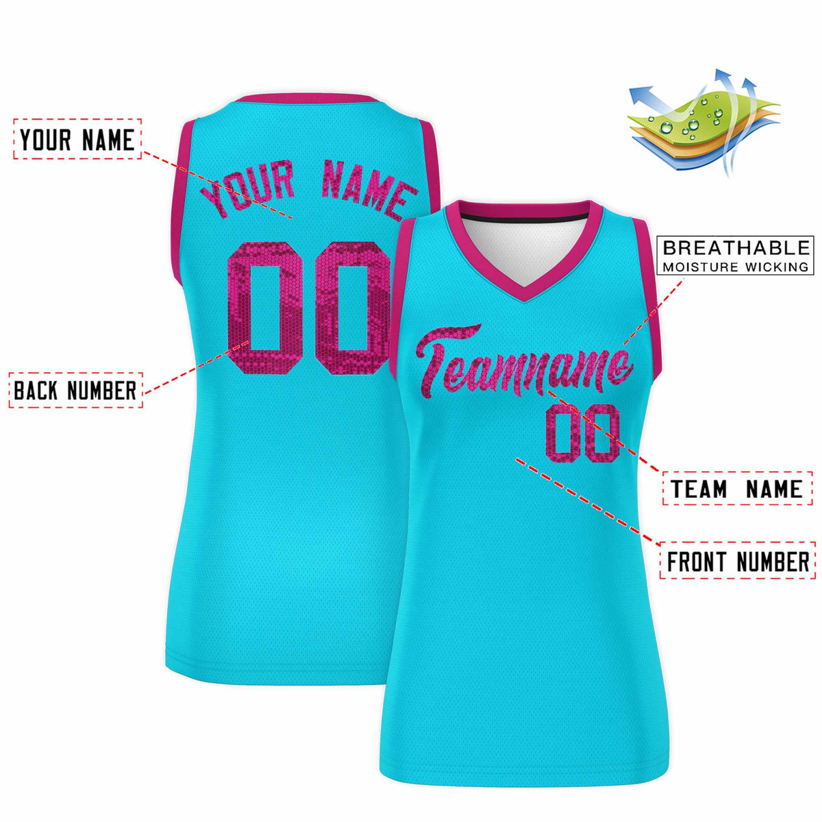 Custom Sky Blue Pink Women Netball Sequined Dress