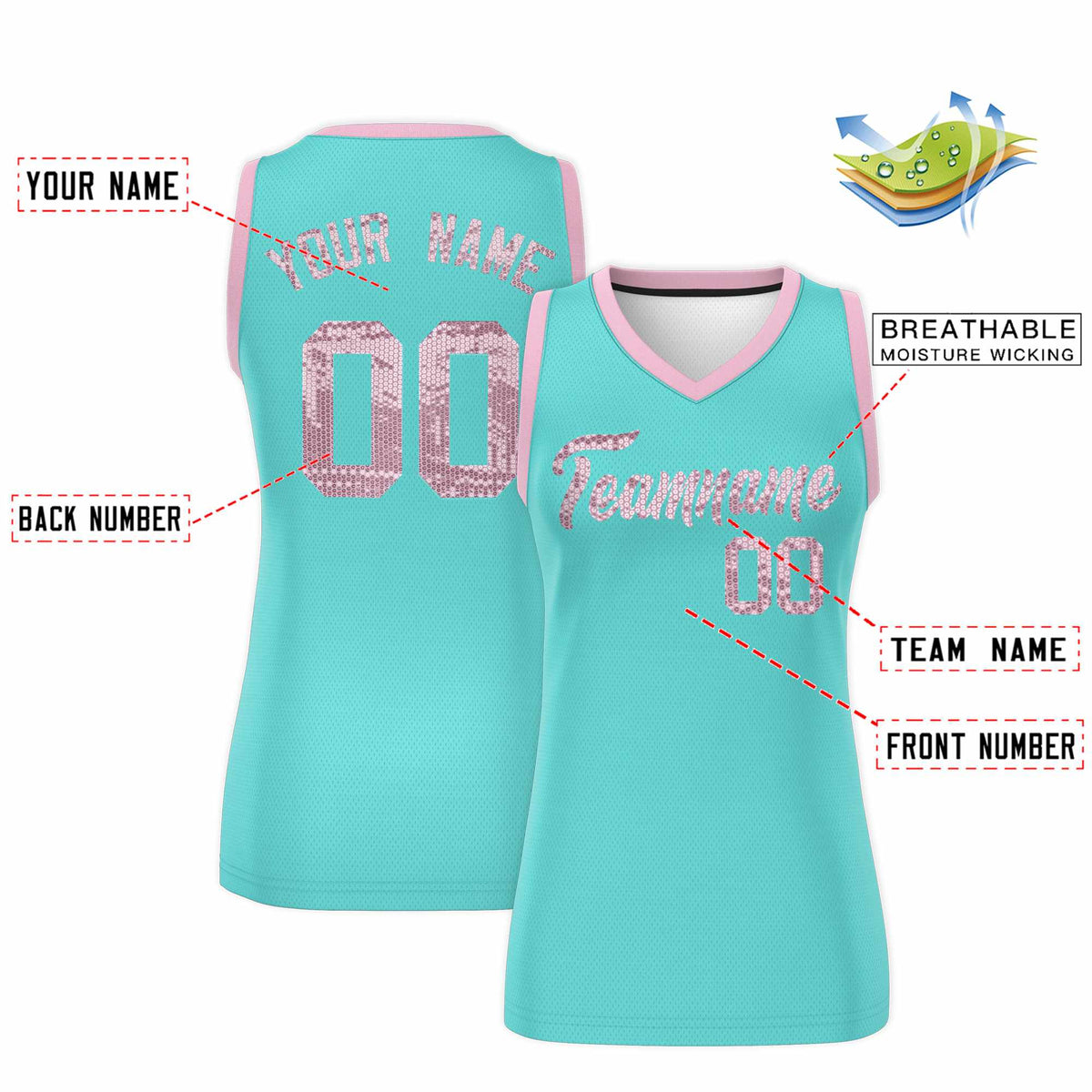 Custom Bright Green Light Pink Women Netball Sequined Dress