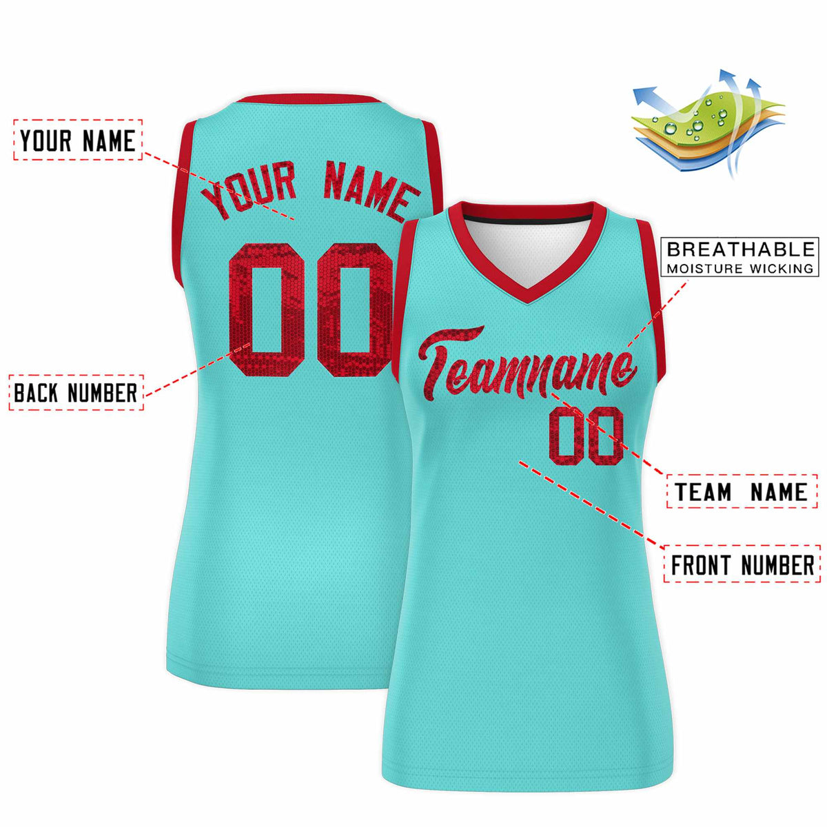 Custom Bright Green Red Women Netball Sequined Dress