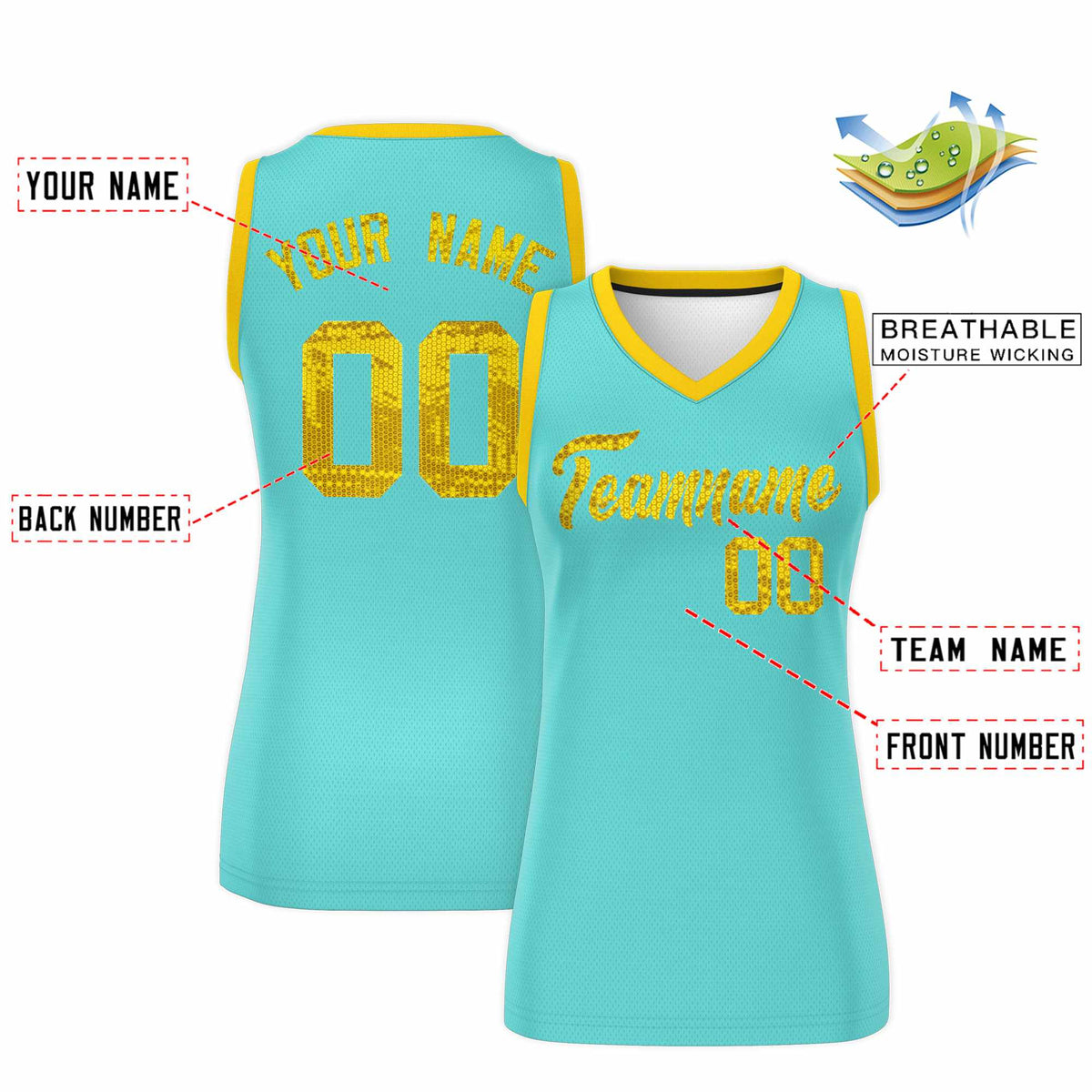 Custom Bright Green Gold Women Netball Sequined Dress