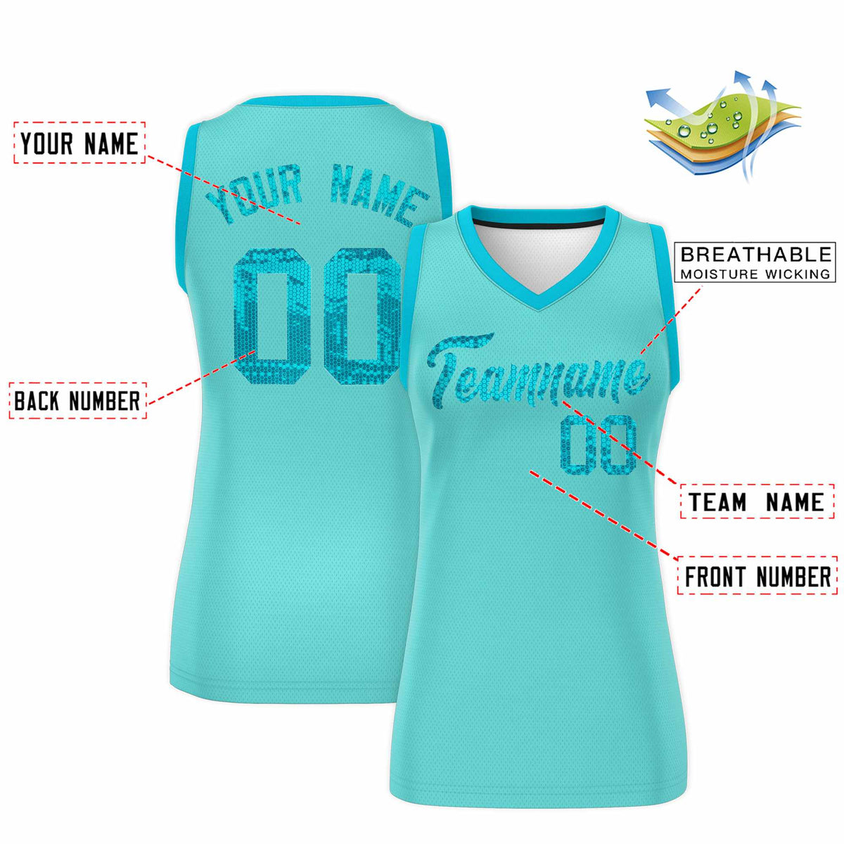Custom Bright Green Sky Blue Women Netball Sequined Dress