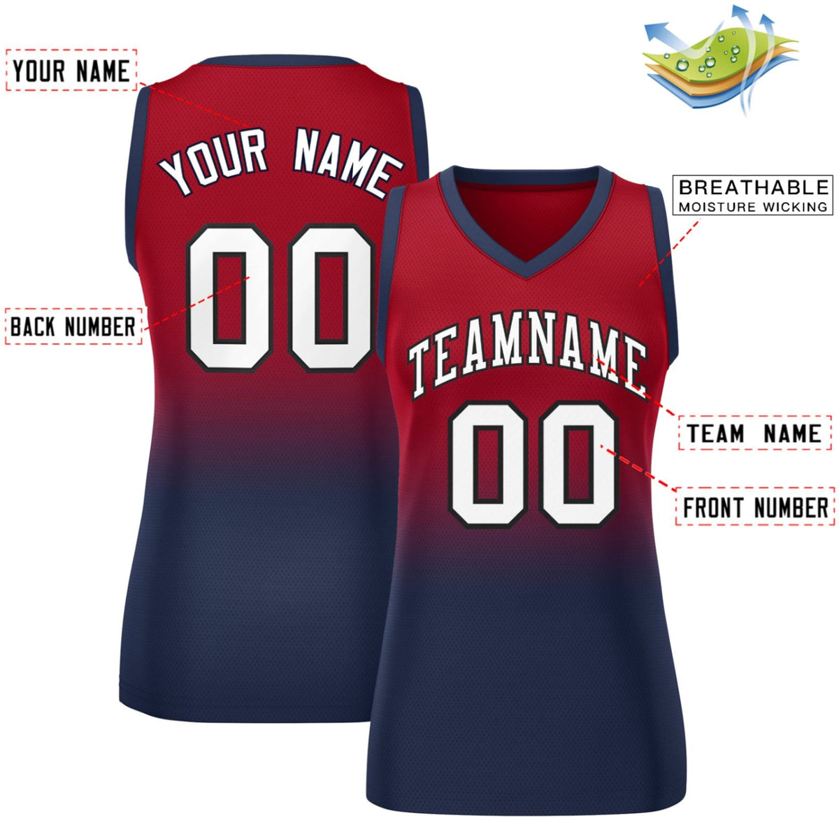 Custom Red Navy Gradient Fashion Tops Mesh Netball Dress For Women