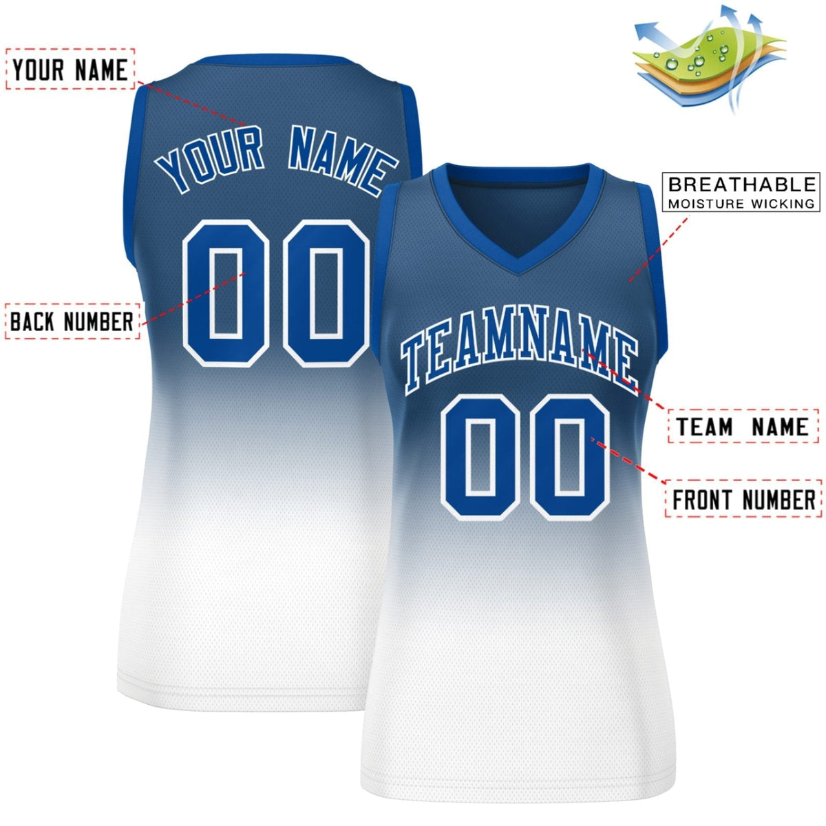 Custom Navy White Gradient Fashion Tops Mesh Netball Dress For Women