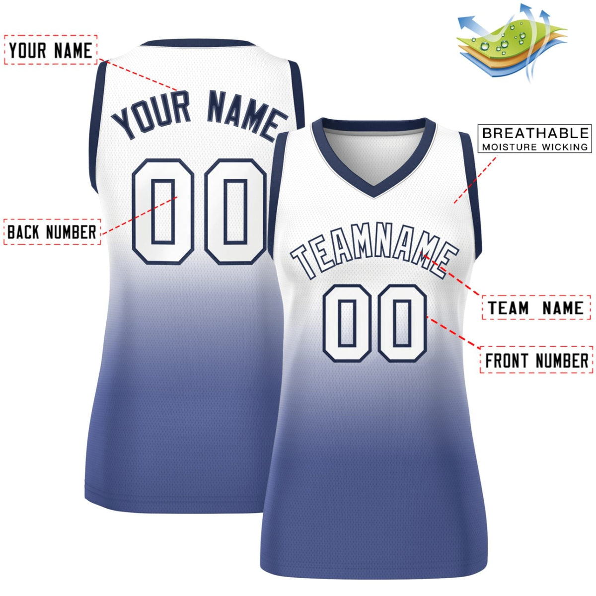 Custom White Navy Gradient Fashion Tops Mesh Netball Dress For Women