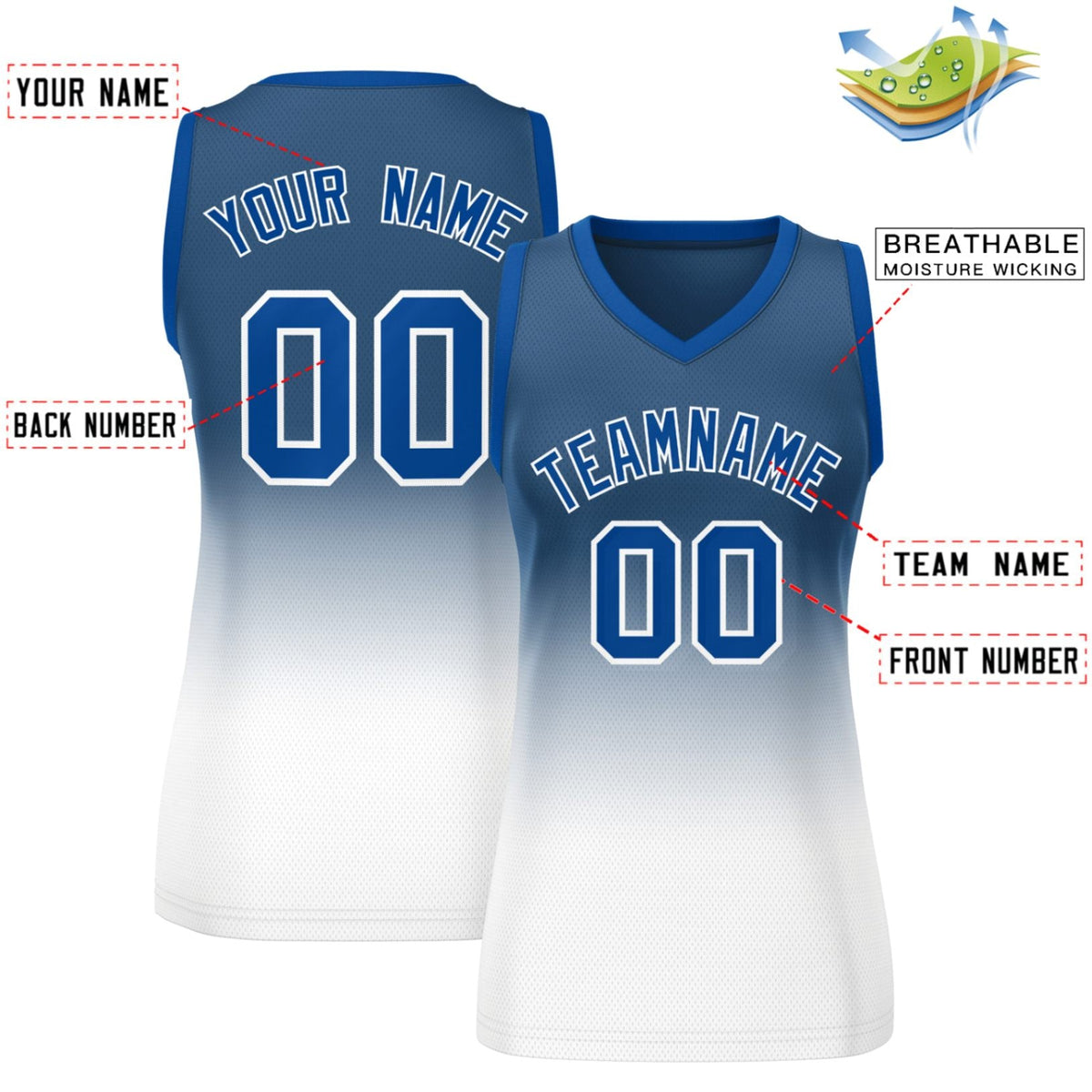 Custom Navy White Gradient Fashion Tops Mesh Netball Dress For Women
