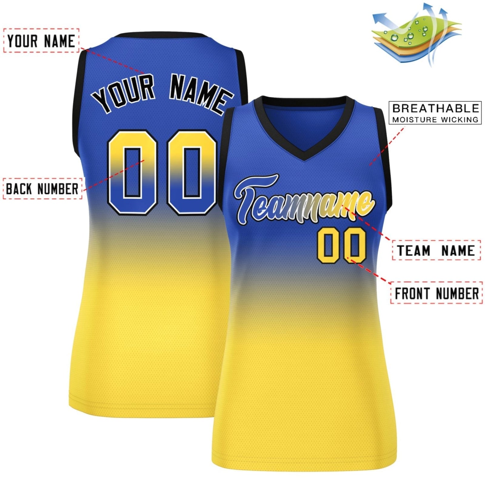 Custom Navy Gold Gradient Fashion Tops Mesh Netball Dress For Women