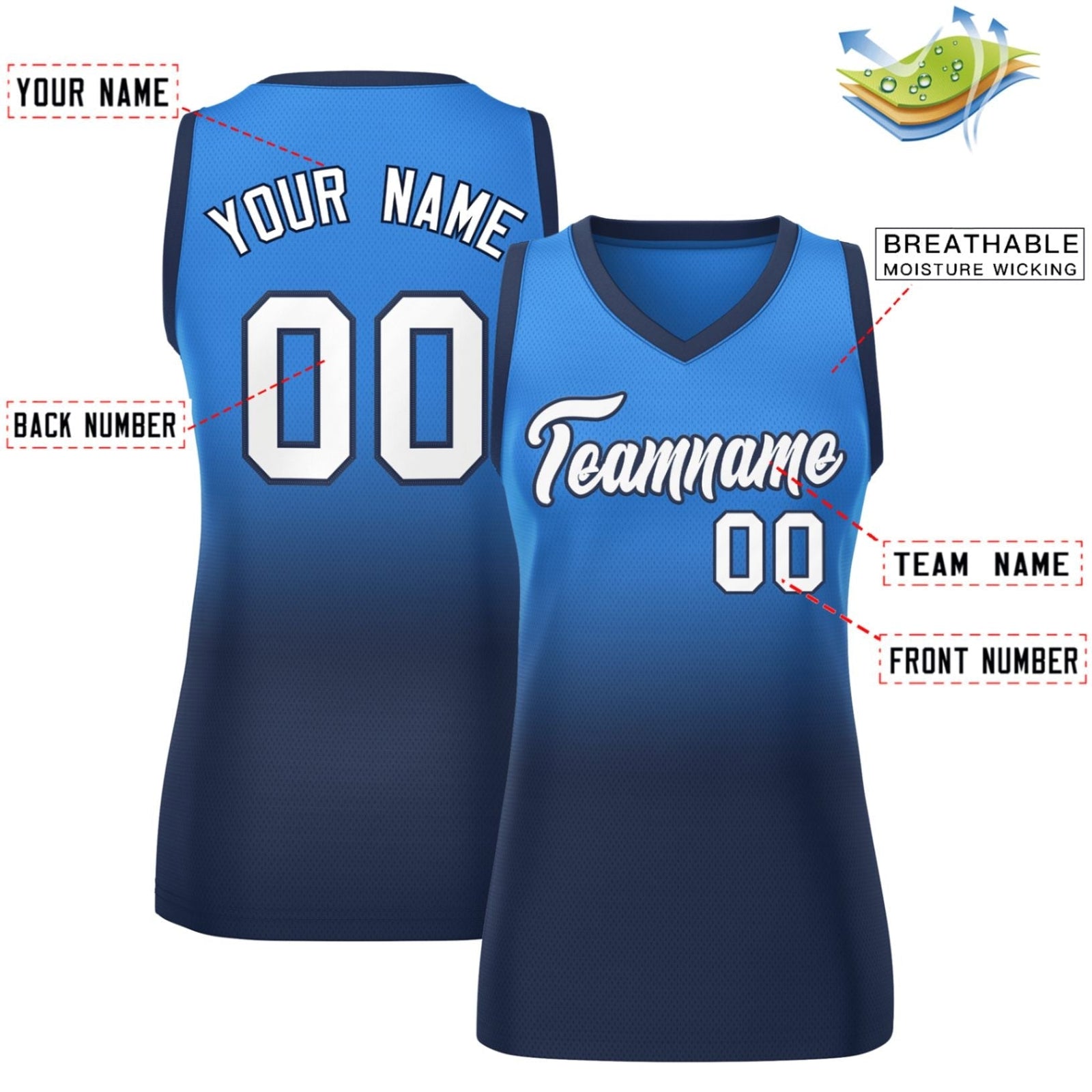 Custom Powder Blue Navy Gradient Fashion Tops Mesh Netball Dress For Women