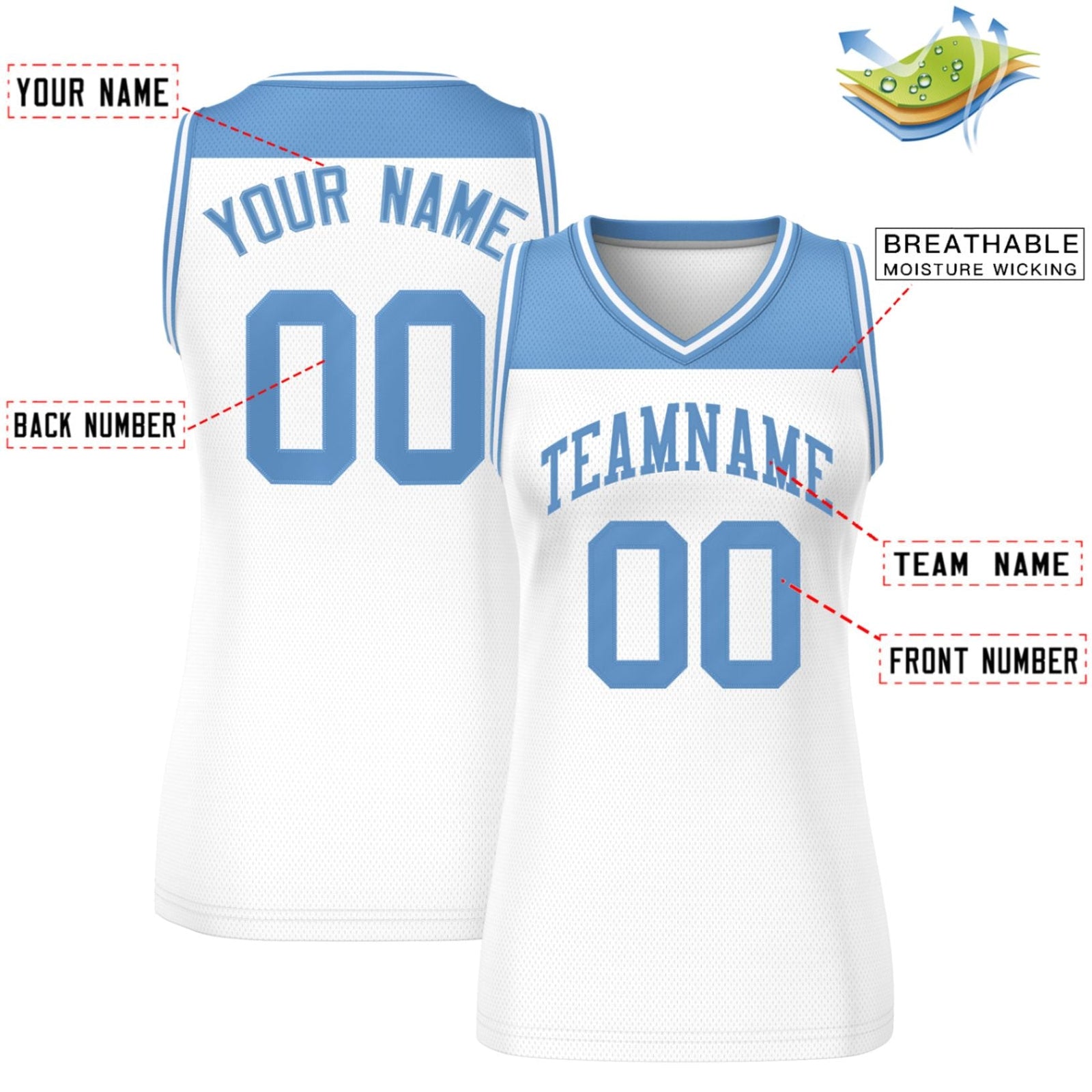 Custom Light Blue White Color Block Fashion Tops Mesh Netball Dress For Women