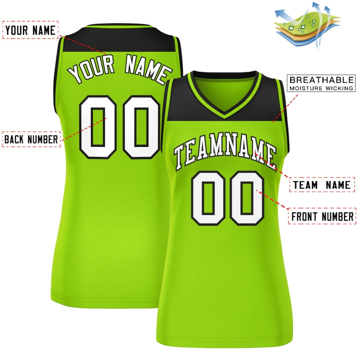 Custom Black Neon Green Color Block Fashion Tops Mesh Netball Dress For Women