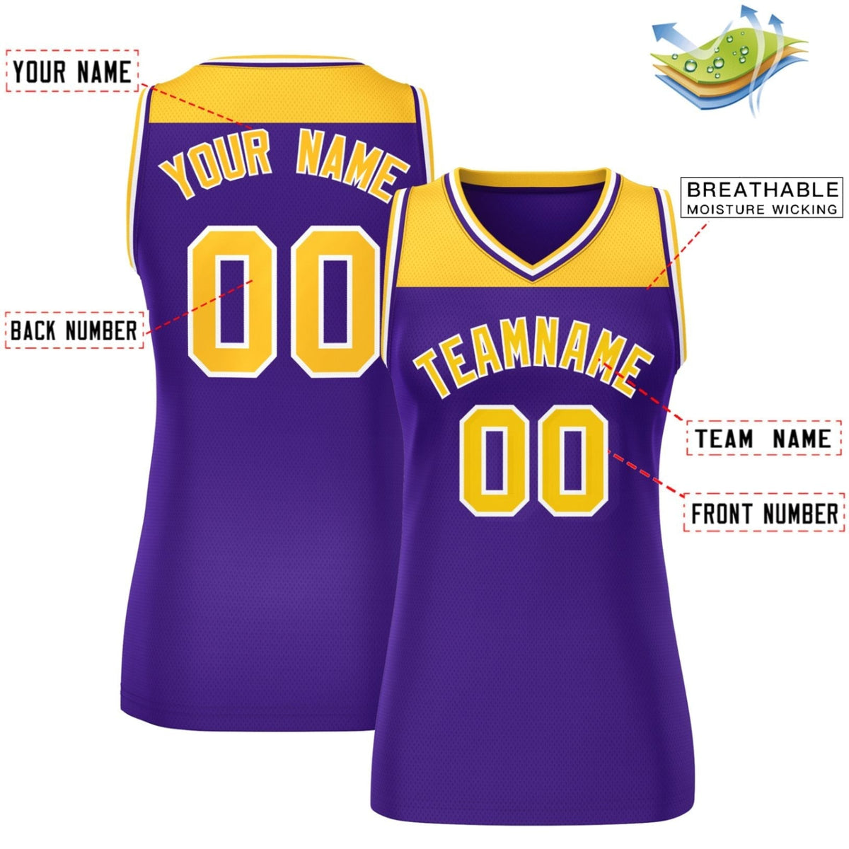 Custom Gold Purple Color Block Fashion Tops Mesh Netball Dress For Women