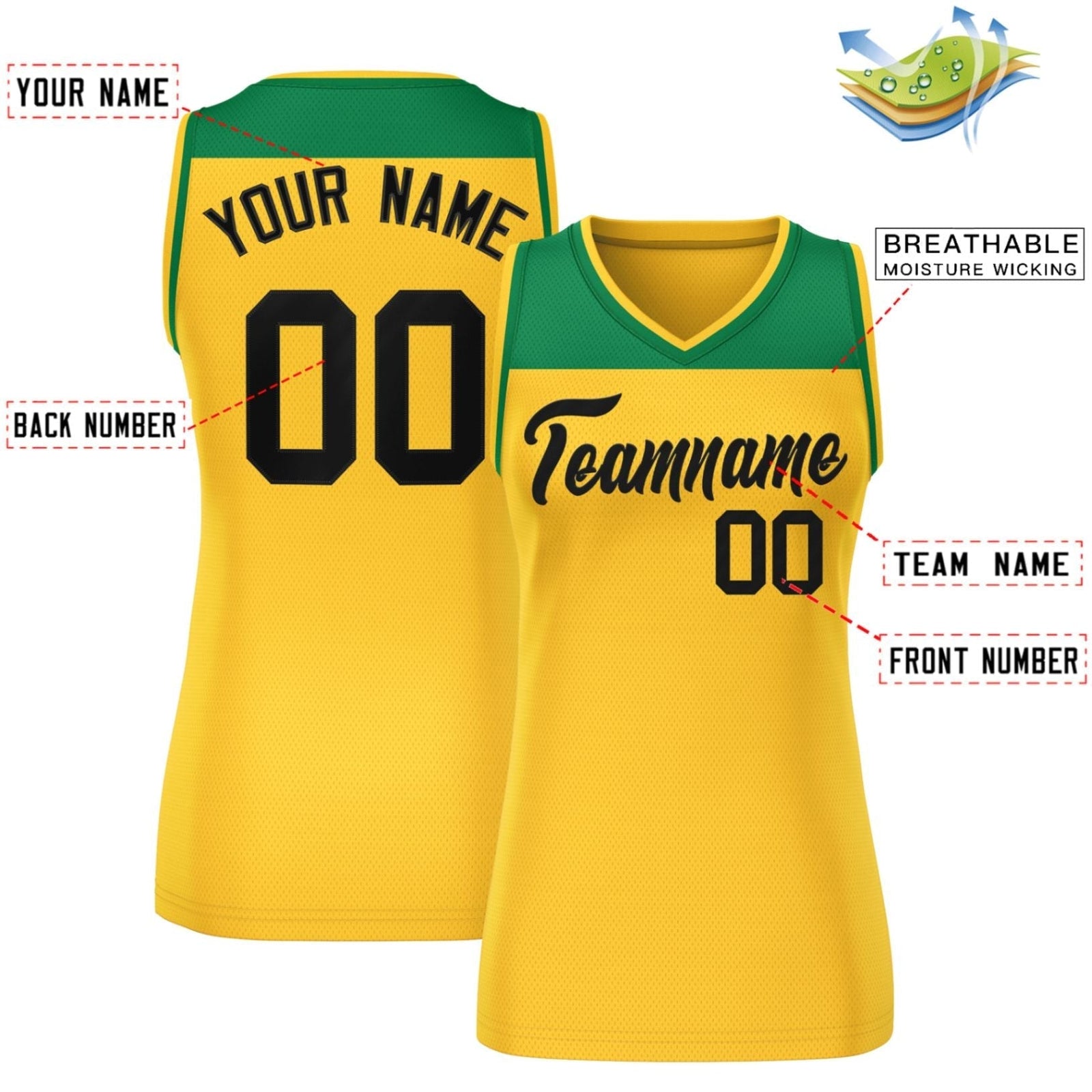 Custom Kelly Green Gold Color Block Fashion Tops Mesh Netball Dress For Women