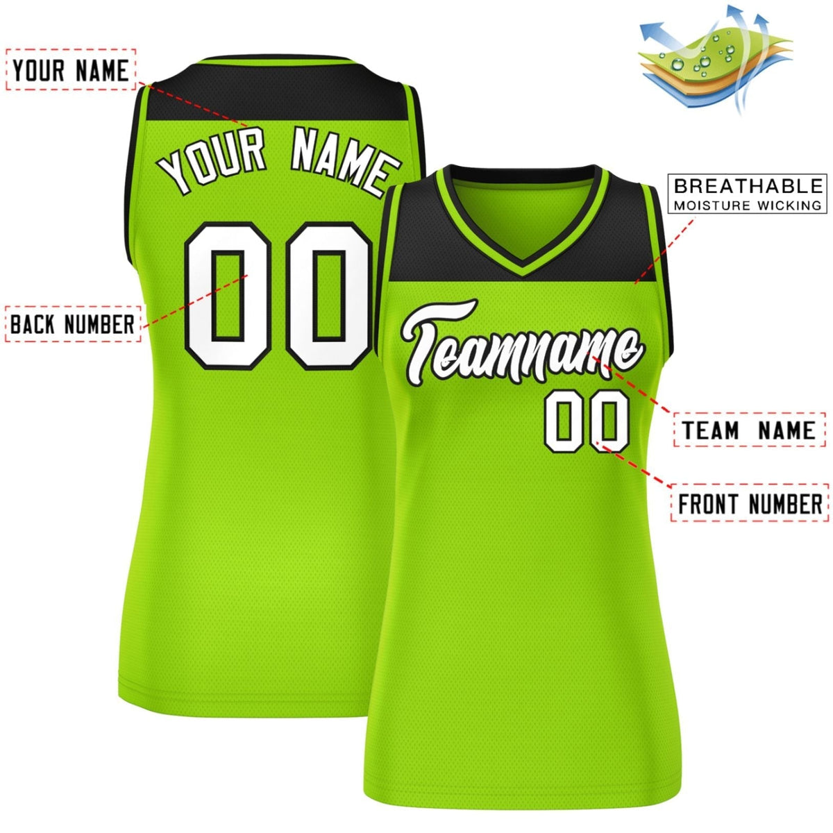 Custom Black Neon Green Color Block Fashion Tops Mesh Netball Dress For Women