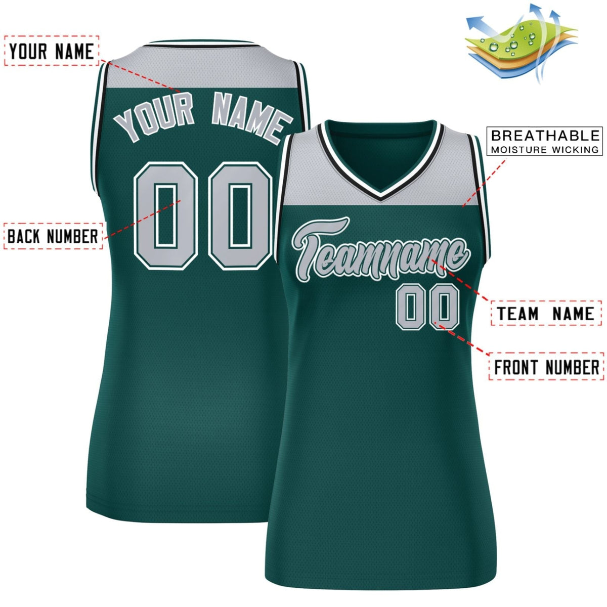 Custom Gray Midnight Green Color Block Fashion Tops Mesh Netball Dress For Women