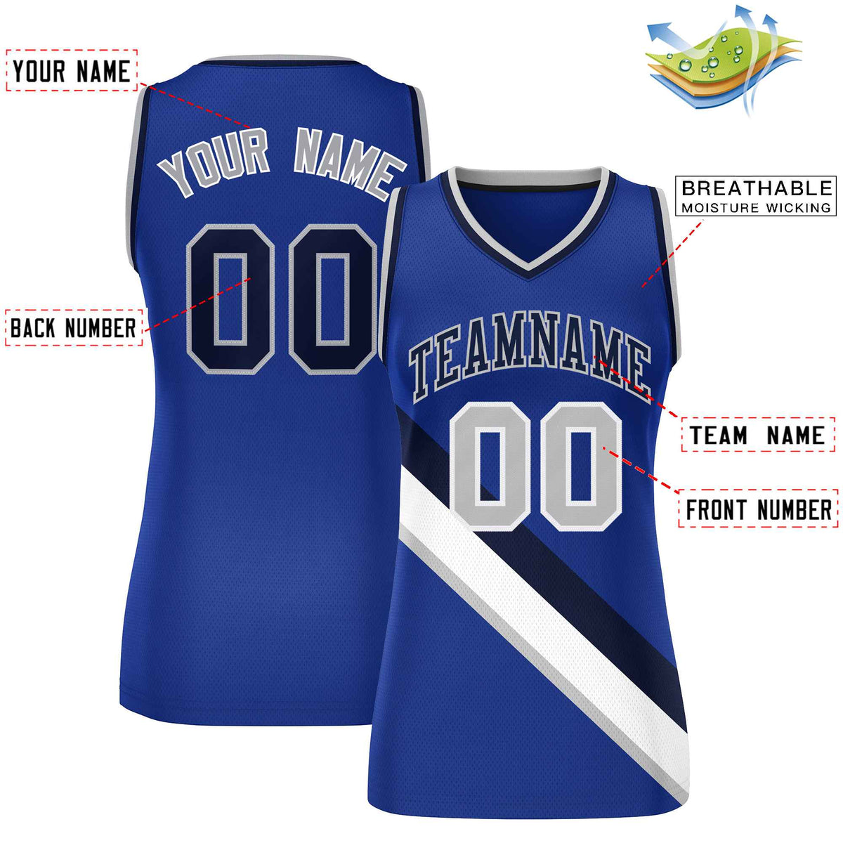 Custom Royal Navy-Gray Thick Slash Fashion Tops Mesh Netball Dress For Women