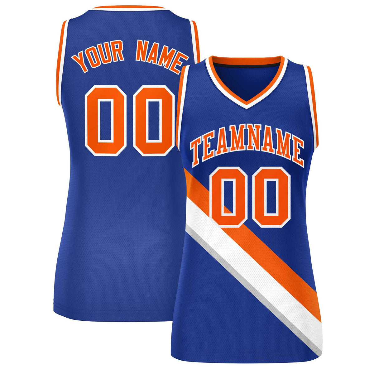Custom Royal White-Orange Thick Slash Fashion Tops Mesh Netball Dress For Women