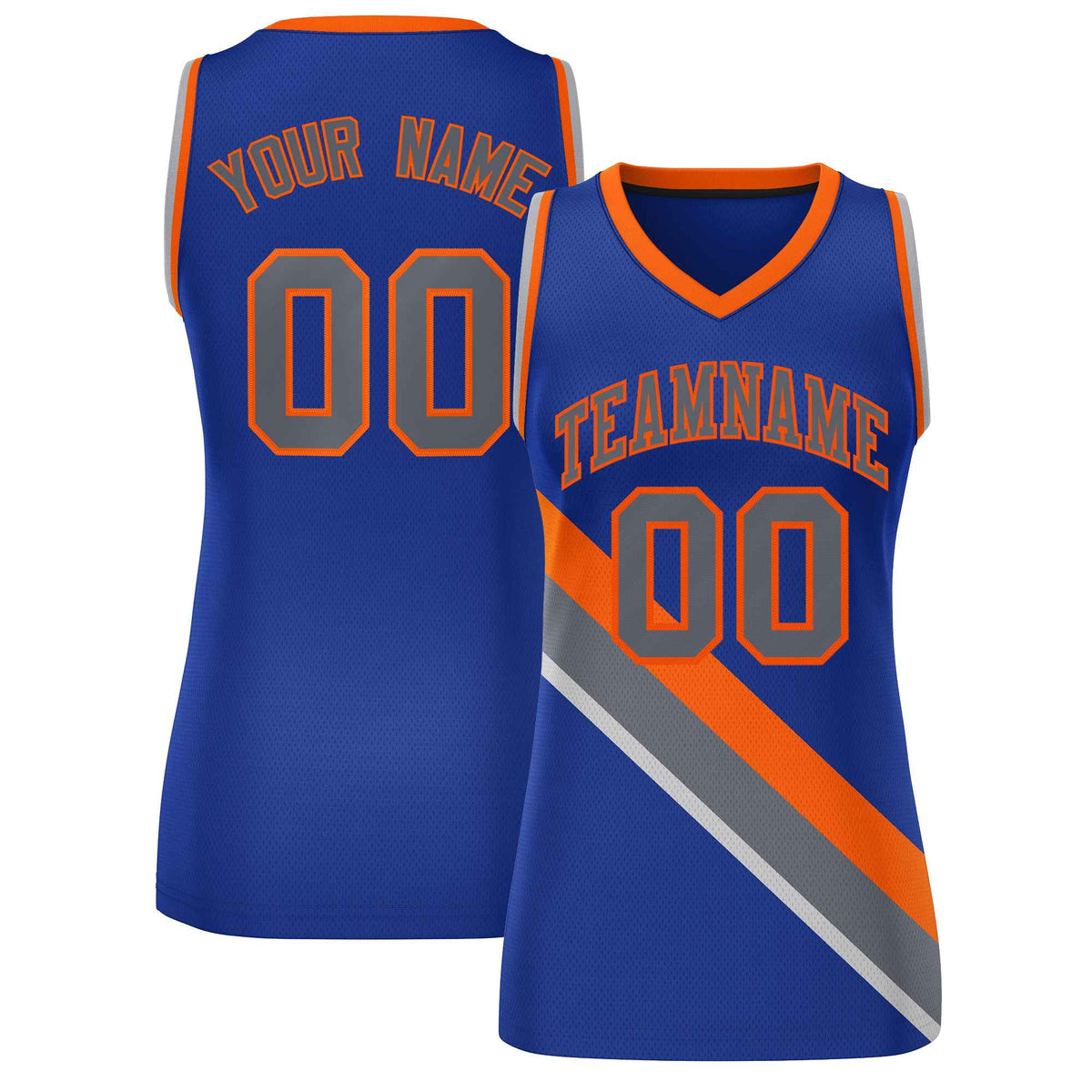 Custom Royal Orange-Dark Gray Thick Slash Fashion Tops Mesh Netball Dress For Women