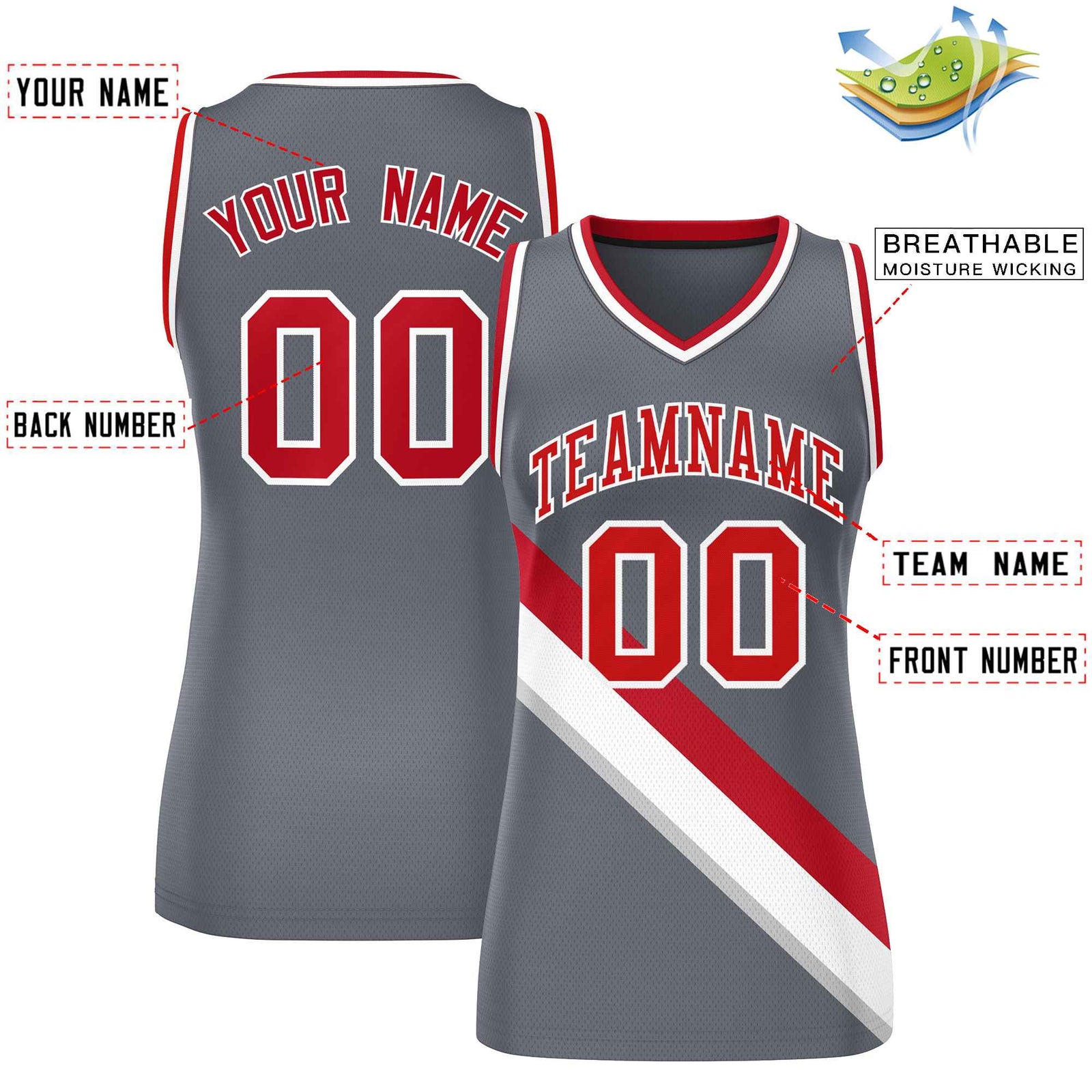 Custom Dark Gray White-Red Thick Slash Fashion Tops Mesh Netball Dress For Women