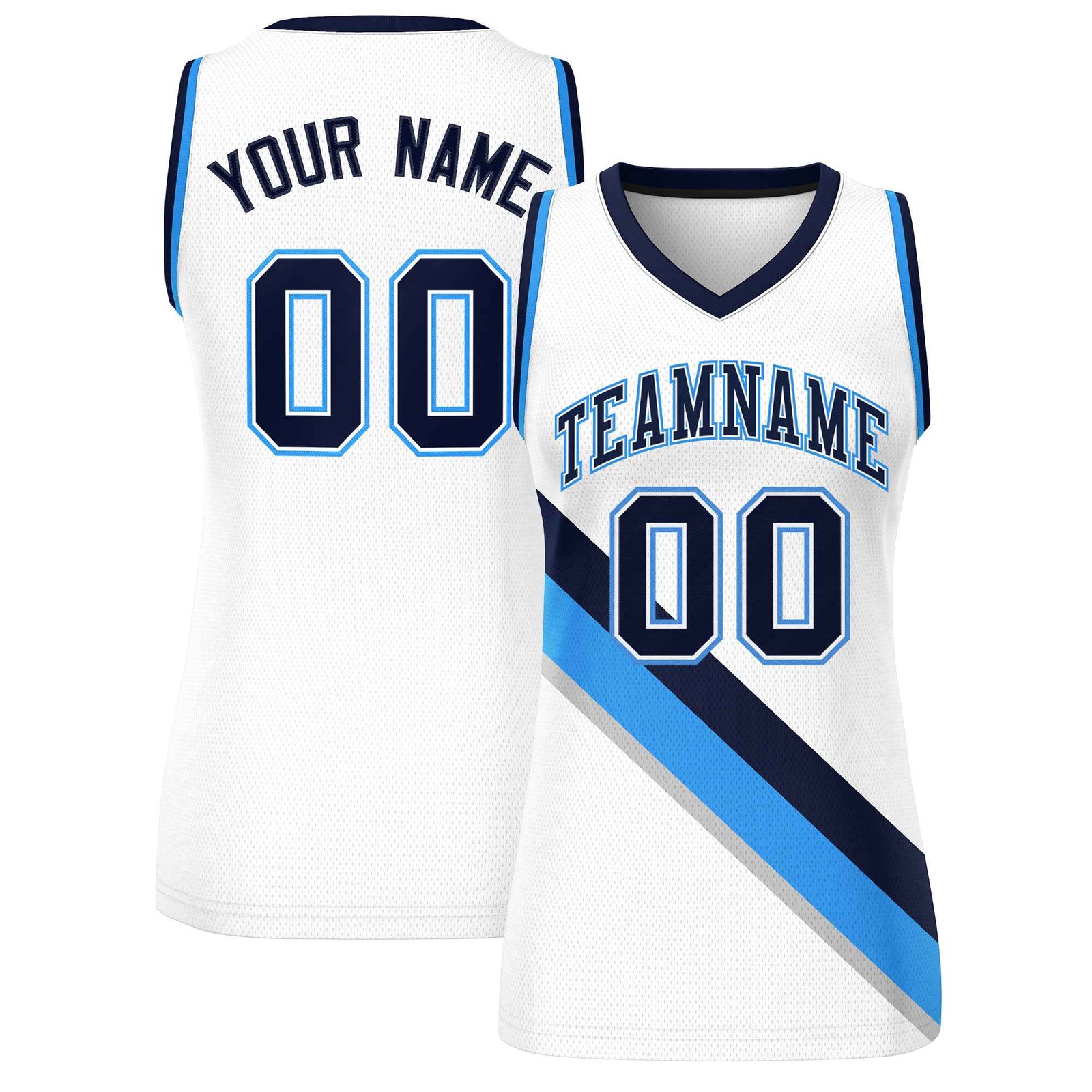 Custom White Powder Blue-Navy Thick Slash Fashion Tops Mesh Netball Dress For Women