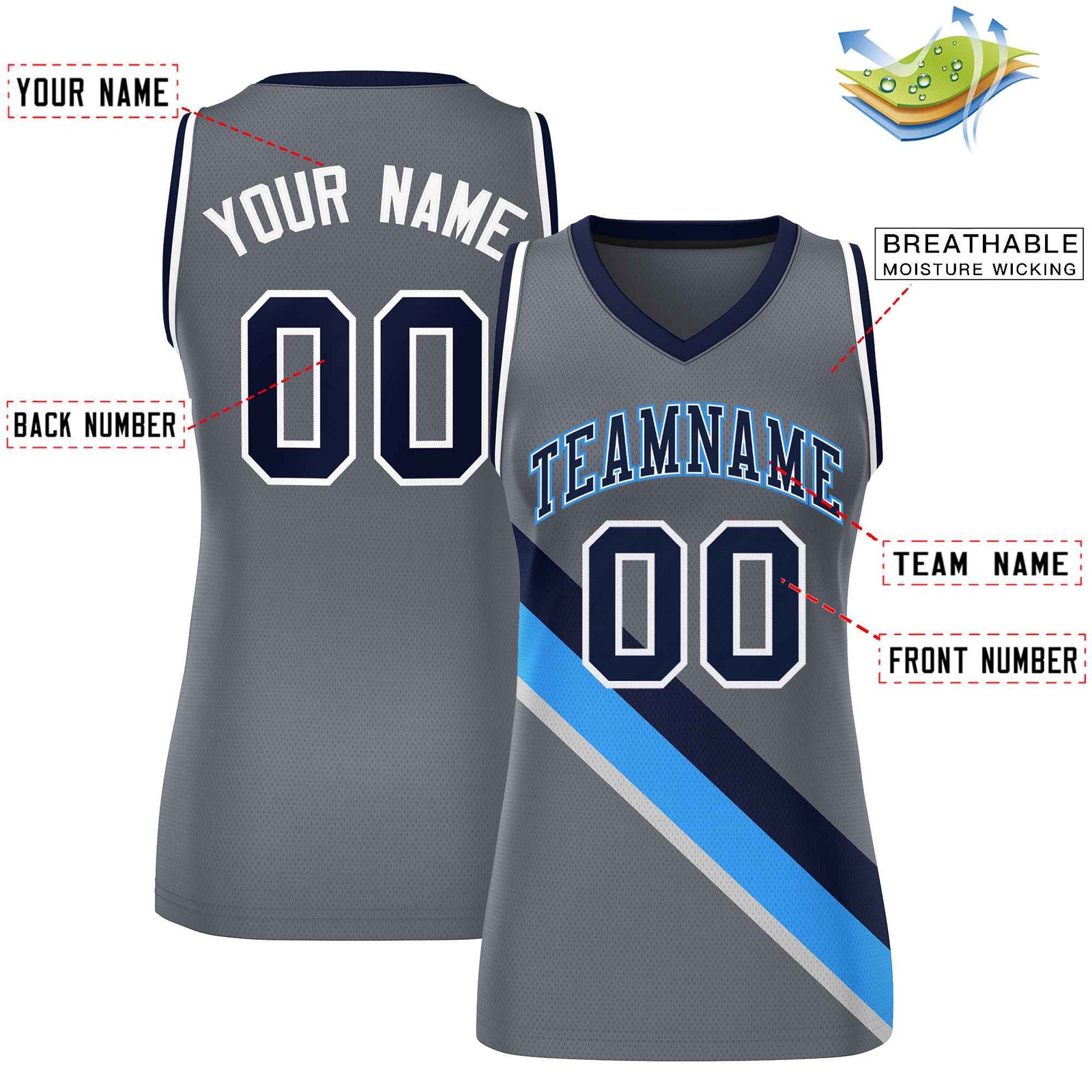Custom Dark Gray White-Navy Thick Slash Fashion Tops Mesh Netball Dress For Women