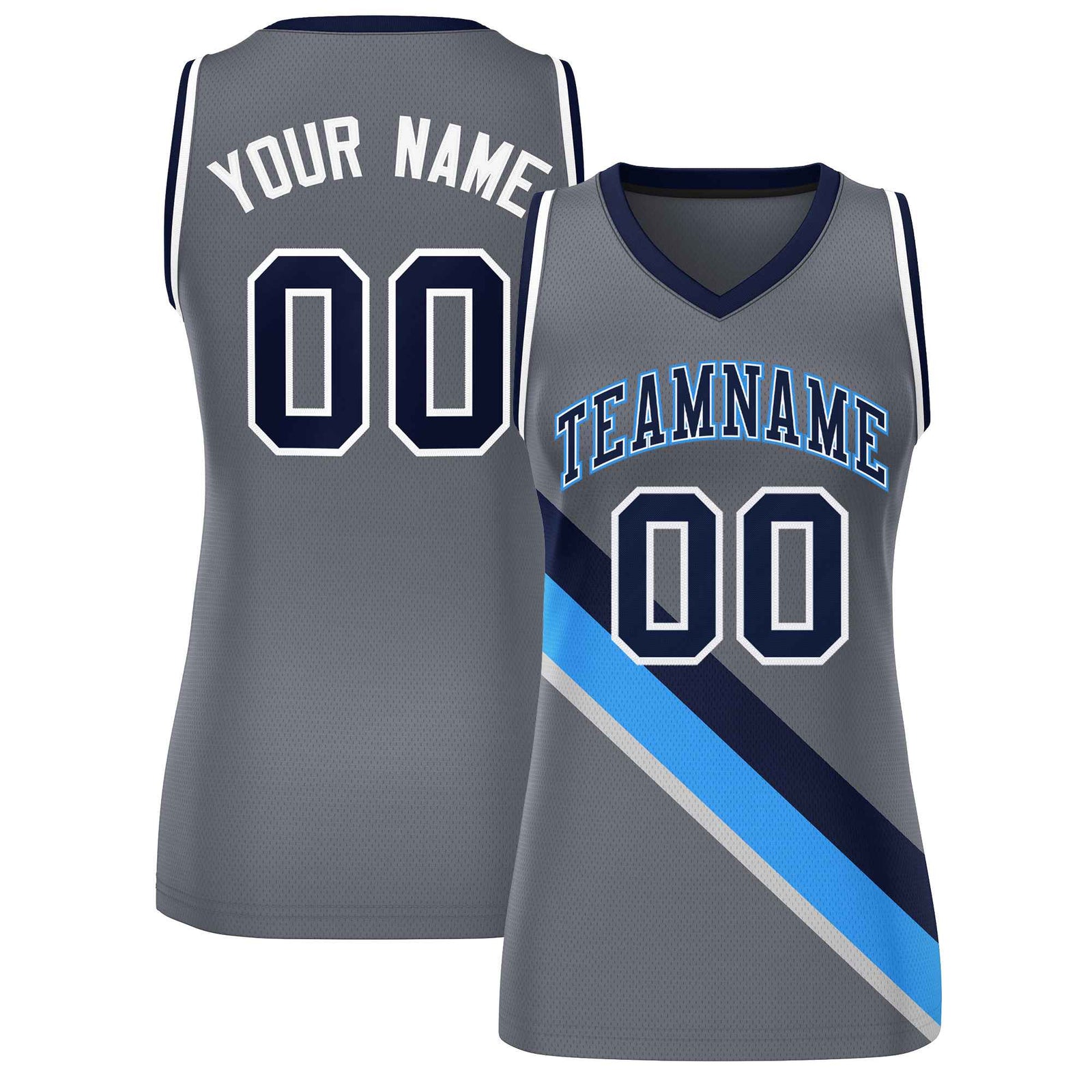 Custom Dark Gray White-Navy Thick Slash Fashion Tops Mesh Netball Dress For Women