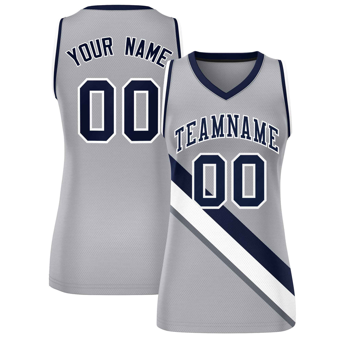 Custom Light Gray Navy-White Thick Slash Fashion Tops Mesh Netball Dress For Women