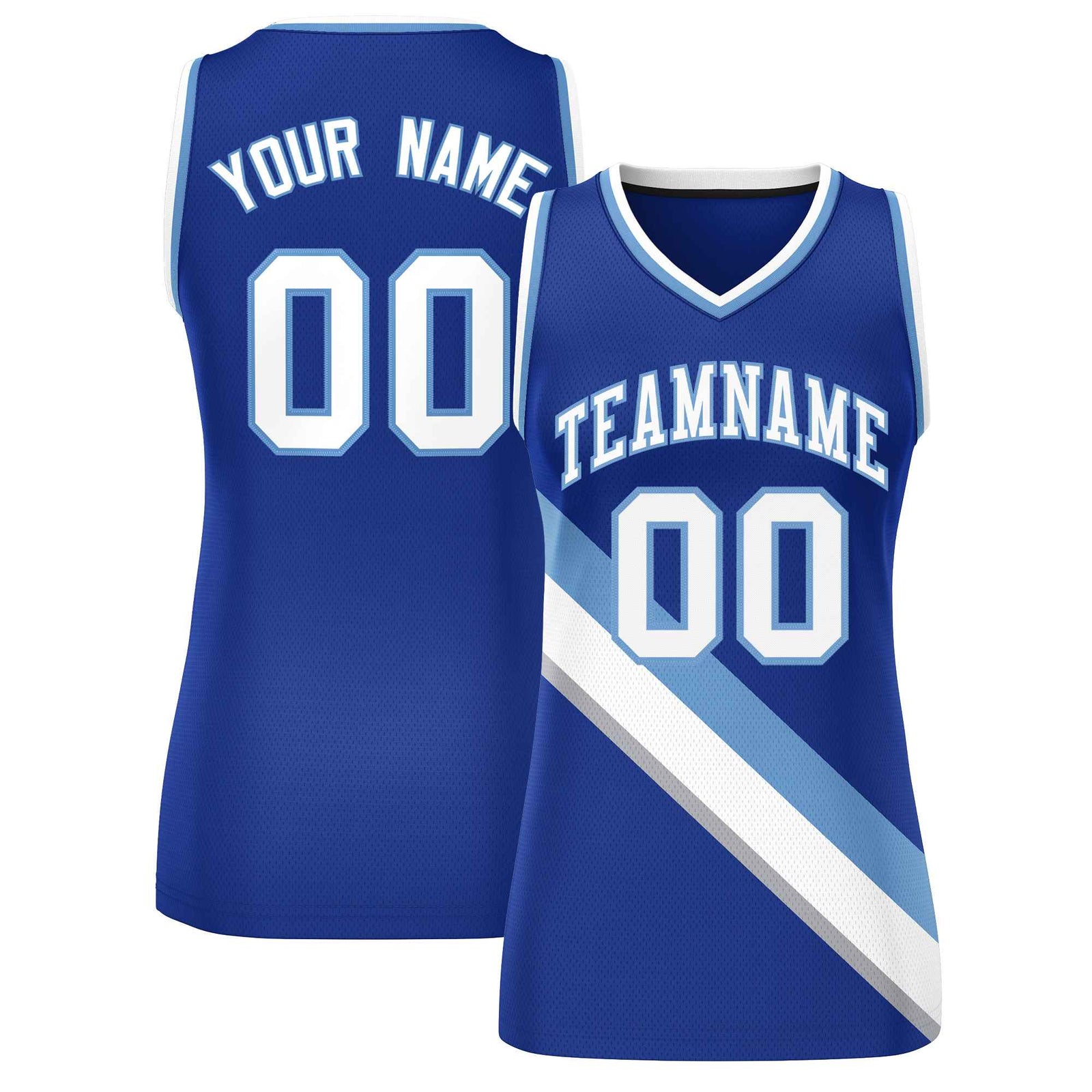 Custom Royal White-Light Blue Thick Slash Fashion Tops Mesh Netball Dress For Women