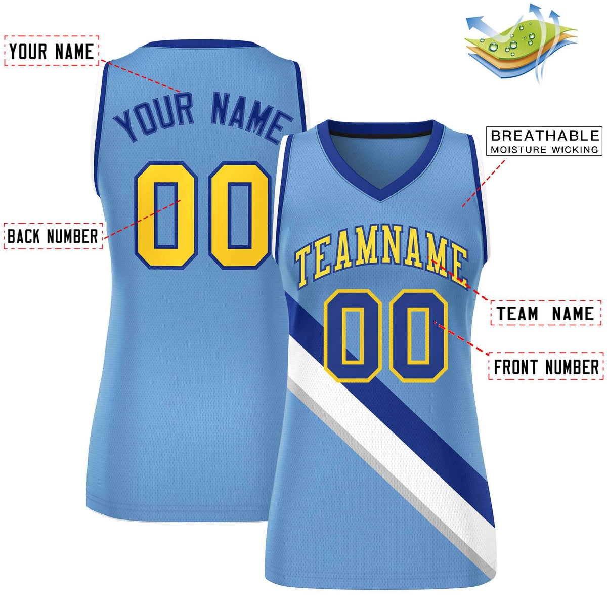 Custom Light Blue White-Royal Thick Slash Fashion Tops Mesh Netball Dress For Women