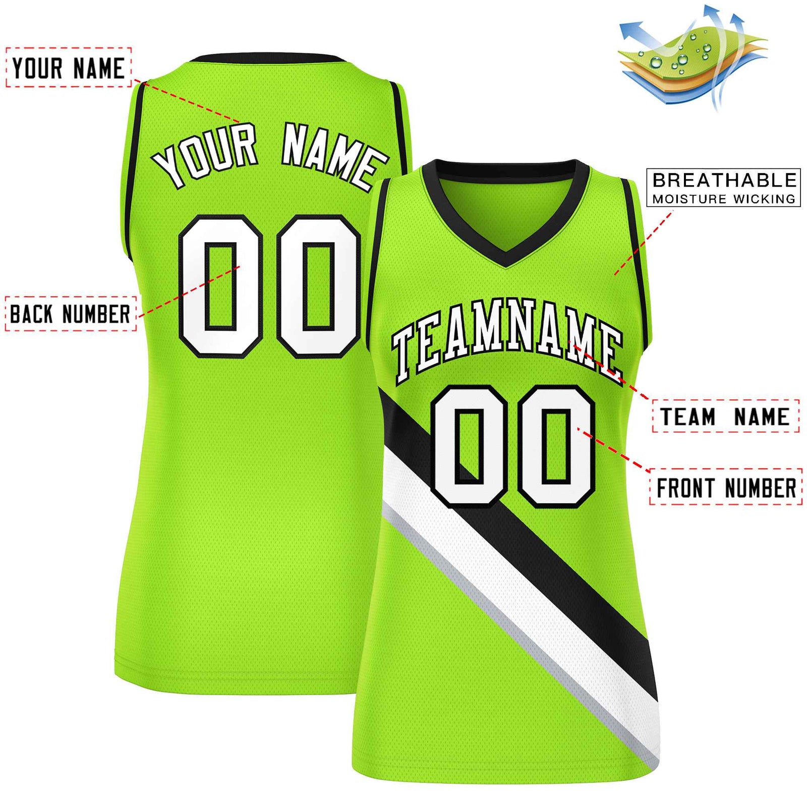 Custom Neon Green Black-Neon Green Thick Slash Fashion Tops Mesh Netball Dress For Women