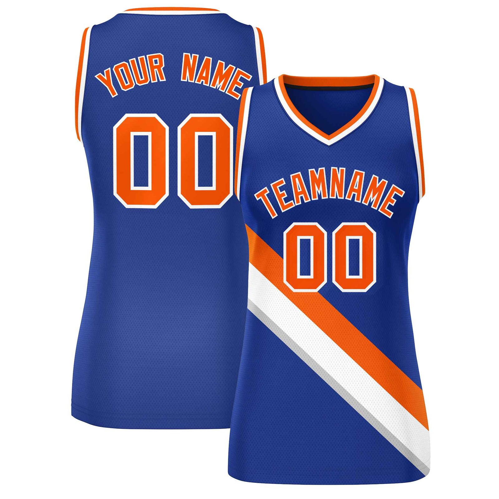Custom Royal White-Orange Thick Slash Fashion Tops Mesh Netball Dress For Women