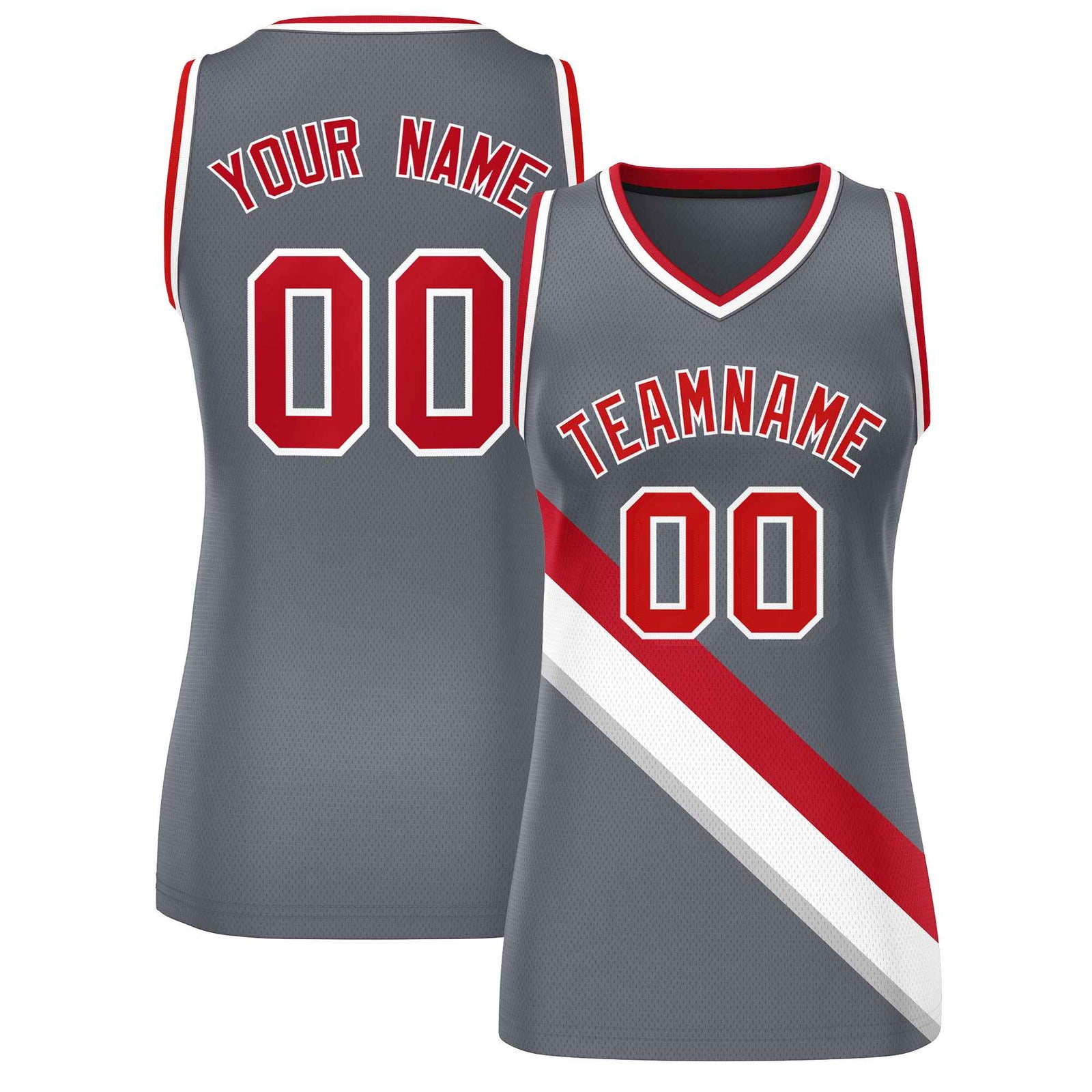 Custom Dark Gray White-Red Thick Slash Fashion Tops Mesh Netball Dress For Women