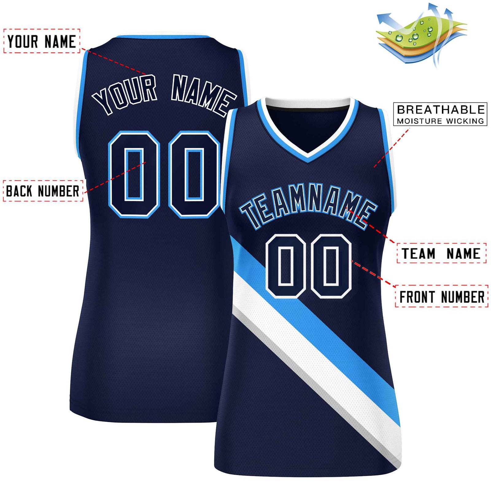 Custom Navy Powder Blue-White Thick Slash Fashion Tops Mesh Netball Dress For Women