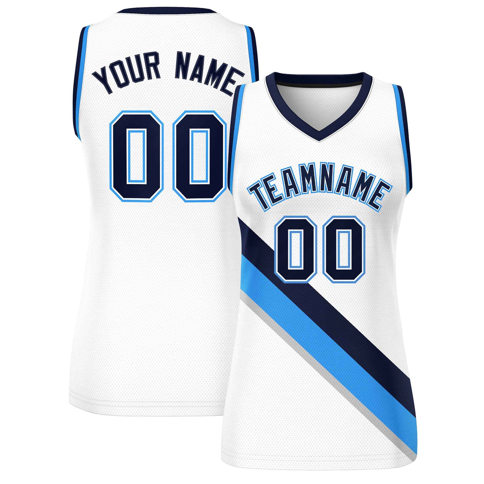 Custom White Powder Blue-Navy Thick Slash Fashion Tops Mesh Netball Dress For Women