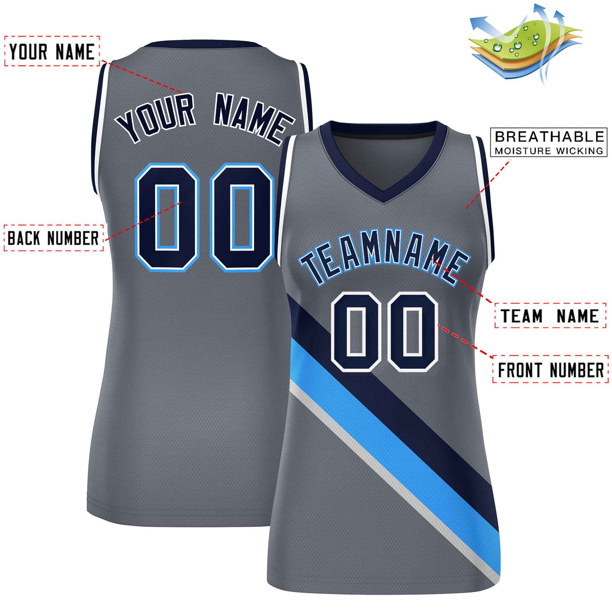 Custom Dark Gray White-Navy Thick Slash Fashion Tops Mesh Netball Dress For Women