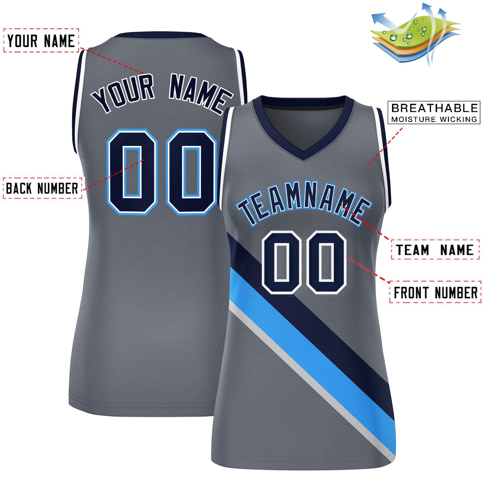 Custom Dark Gray White-Navy Thick Slash Fashion Tops Mesh Netball Dress For Women