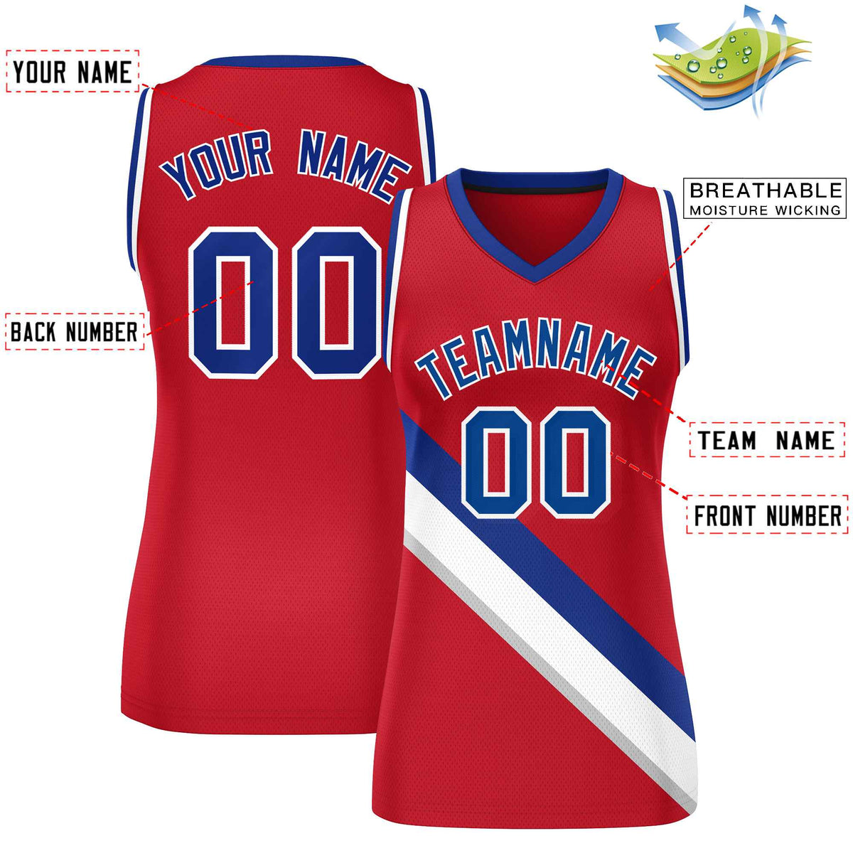 Custom Red Royal-White Thick Slash Fashion Tops Mesh Netball Dress For Women